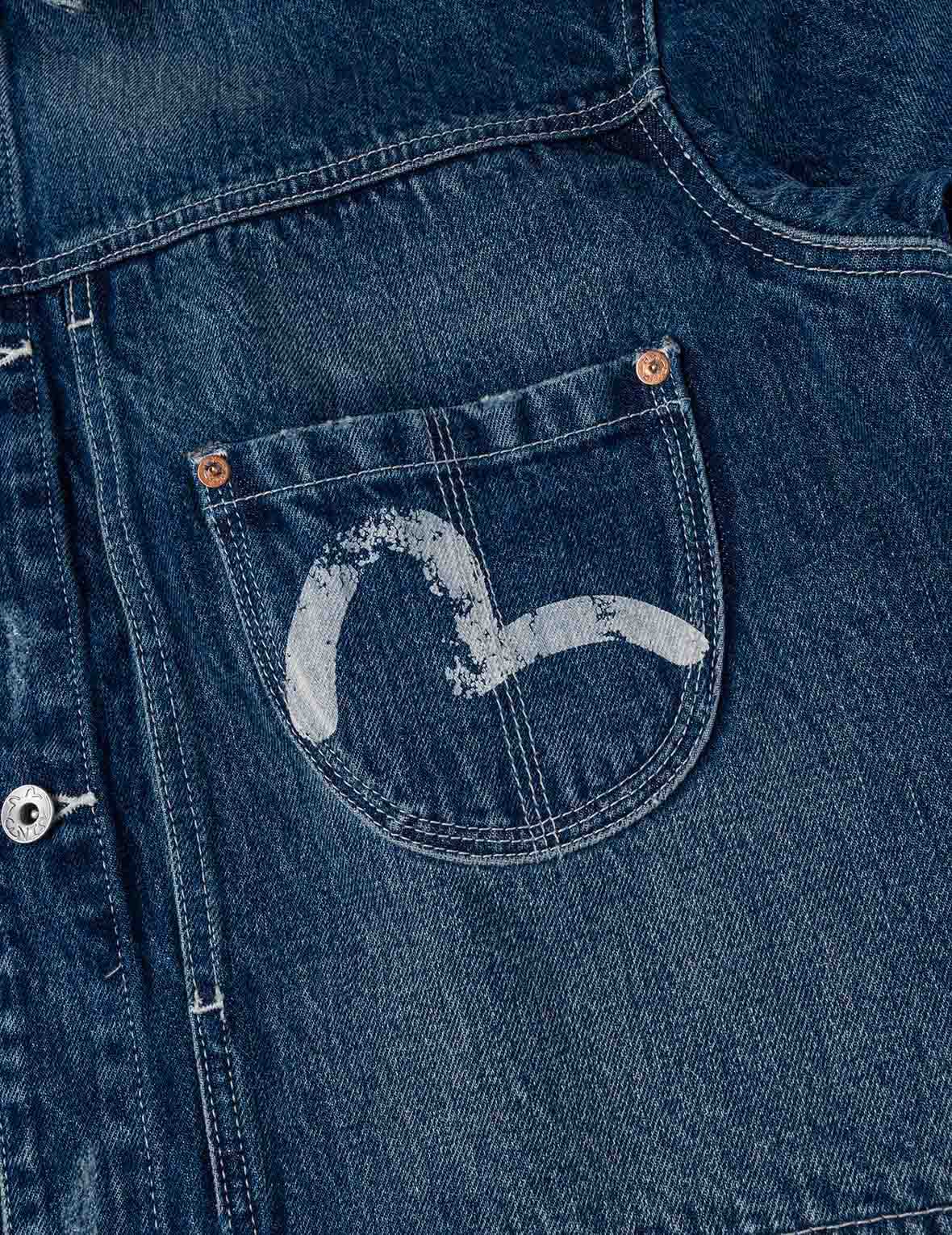 Distressed Seagull Print Relax Fit Vintage Washed Denim Jacket