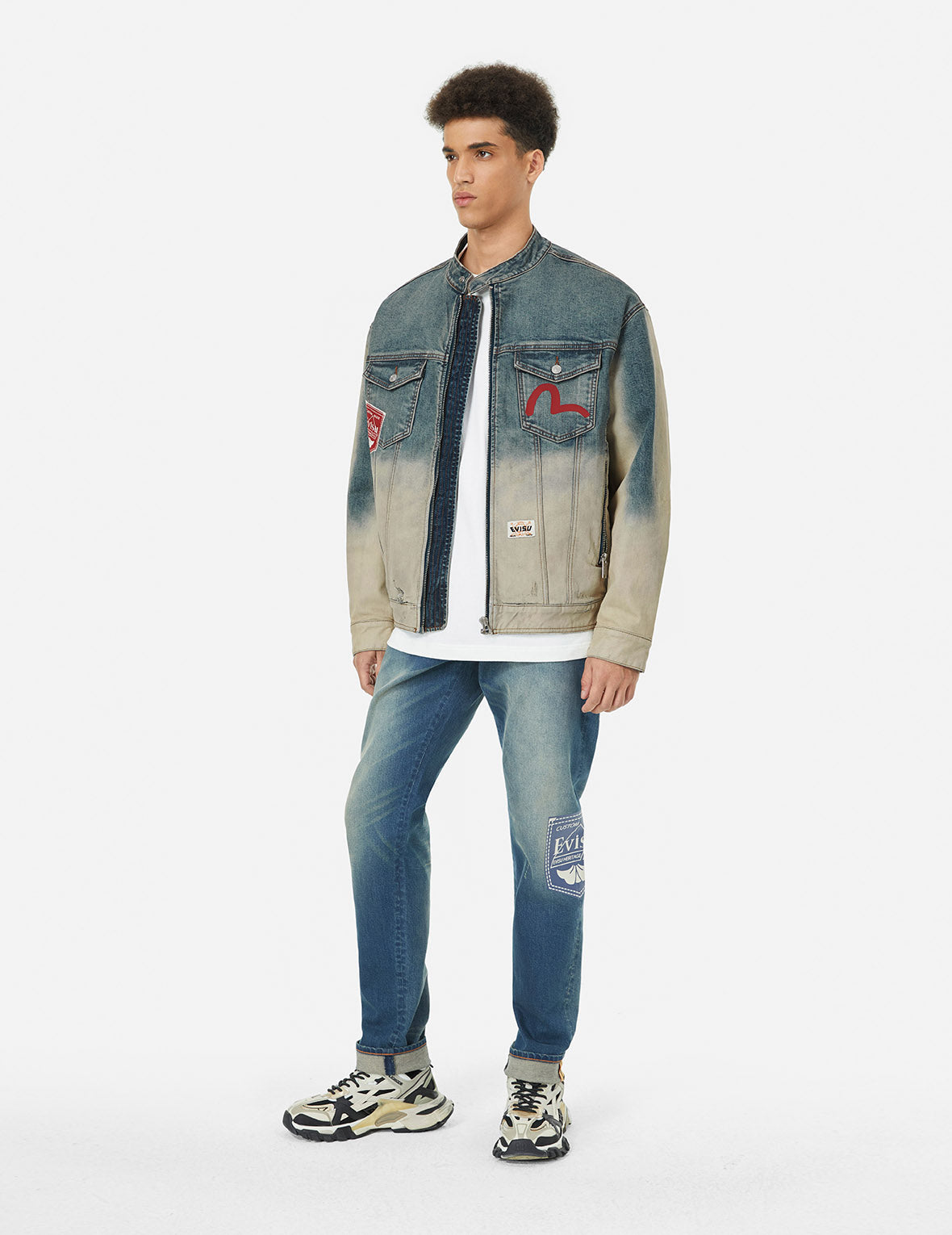 Ebisu Print and Multi-Pocket Loose Fit Biker Denim Jacket