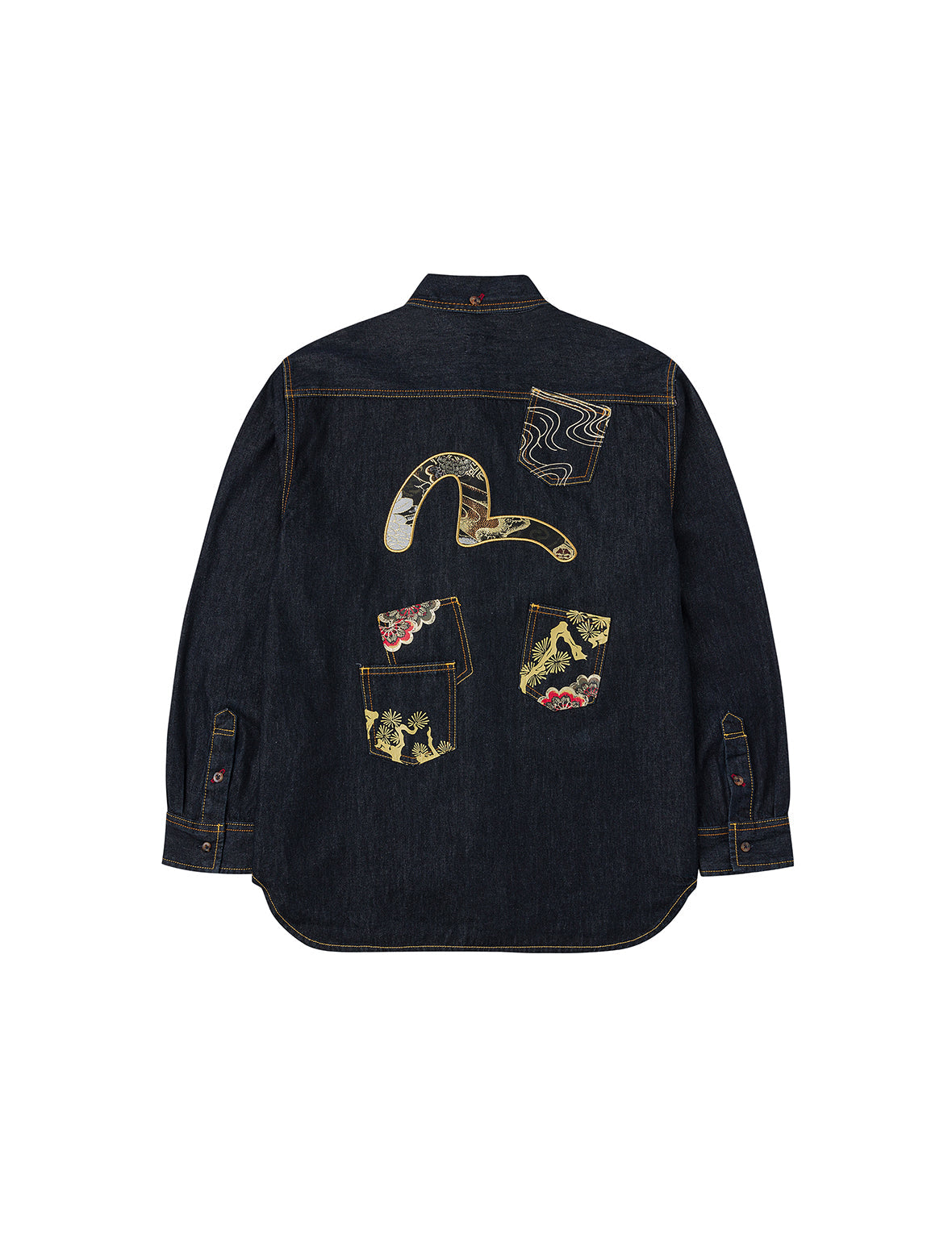 多口袋和织锦海鸥刺绣常规版型牛仔衬衣