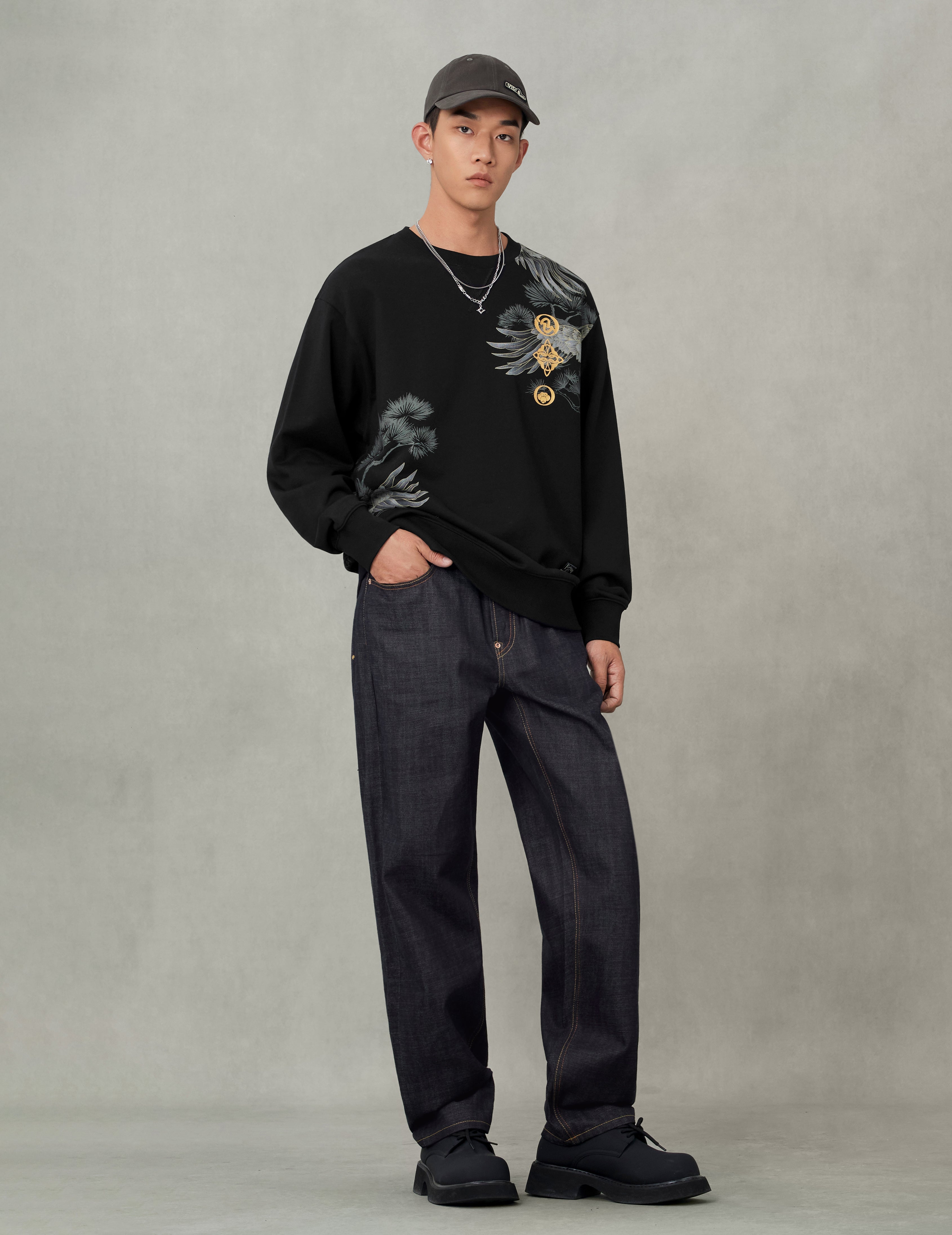 Handbrush Daicock Print with Wave Embroidery Relax Fit Jeans