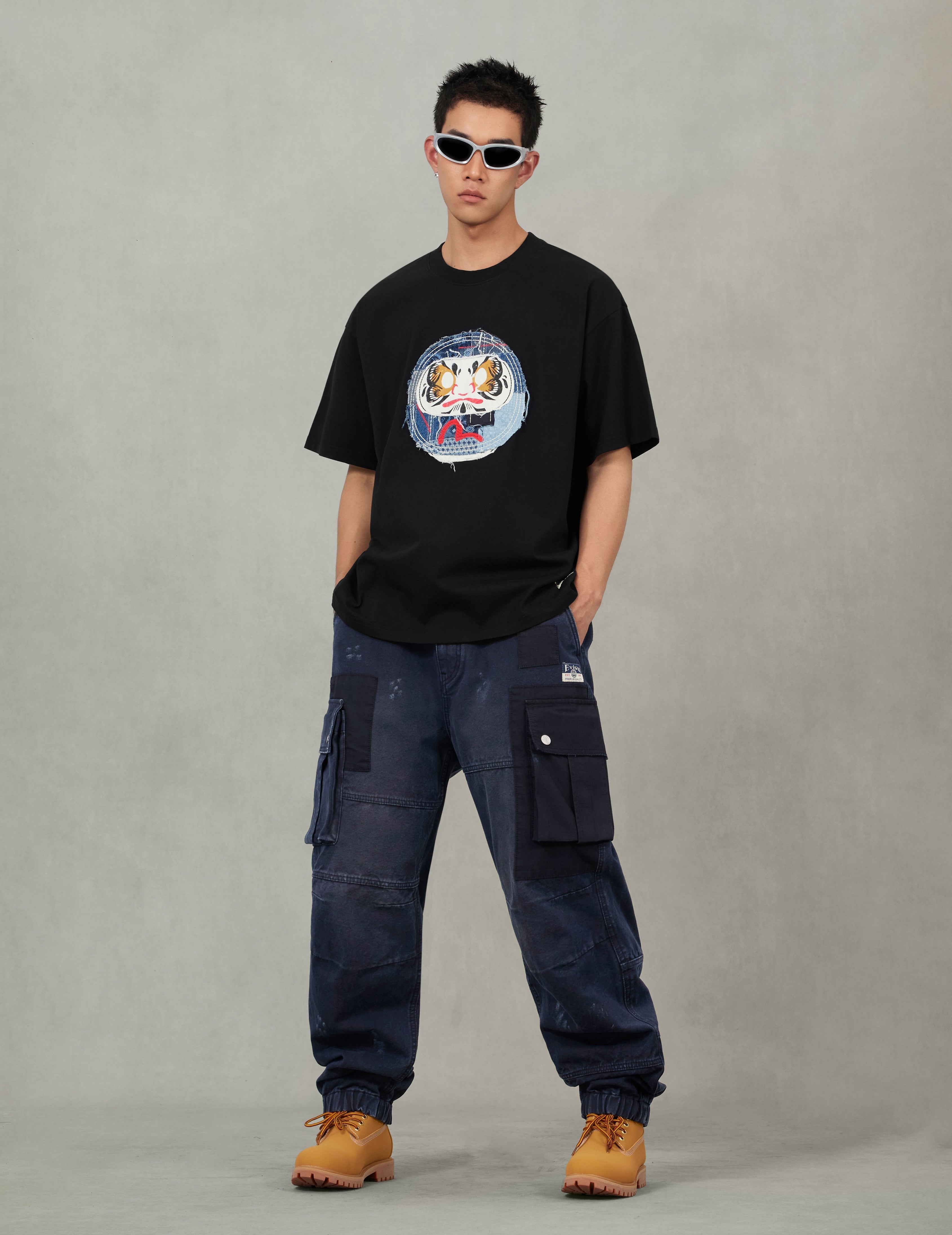 Dual Seagull Print Loose Fit Washed Woven Cargo Joggers