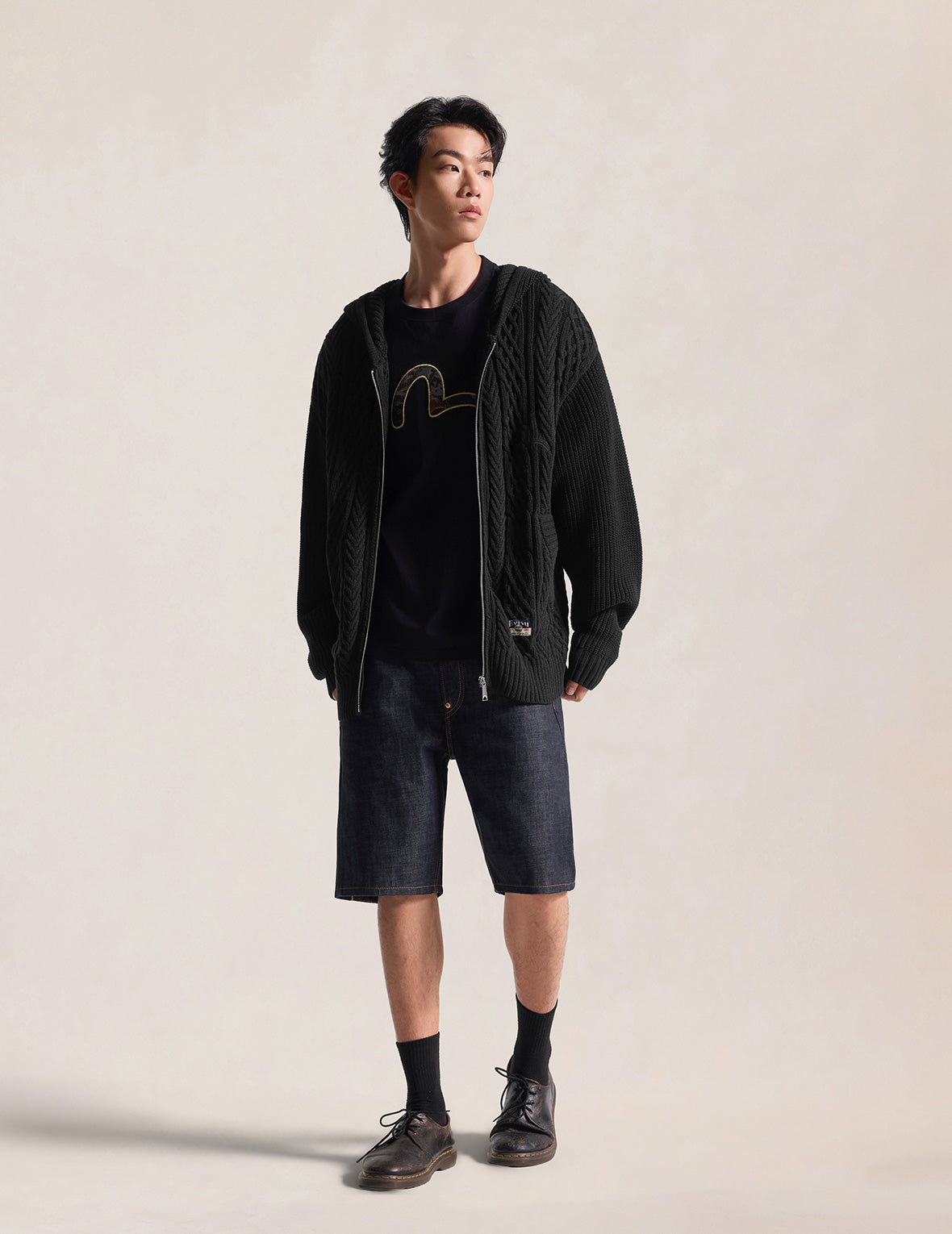 Evisu Logo Cable Knit Zip Hoodie Cardigan
