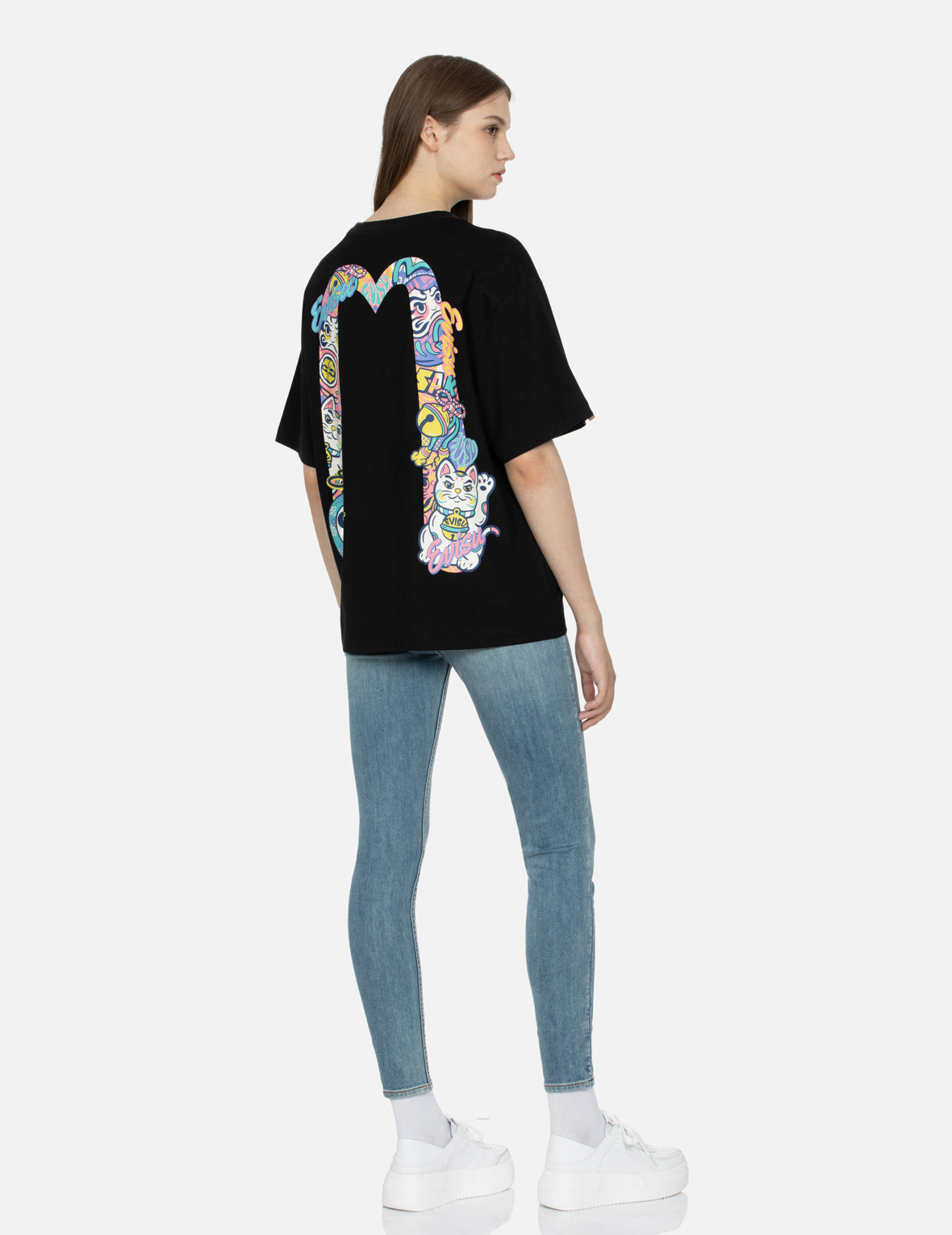 达磨与招财猫图案大M印花超宽版型T恤