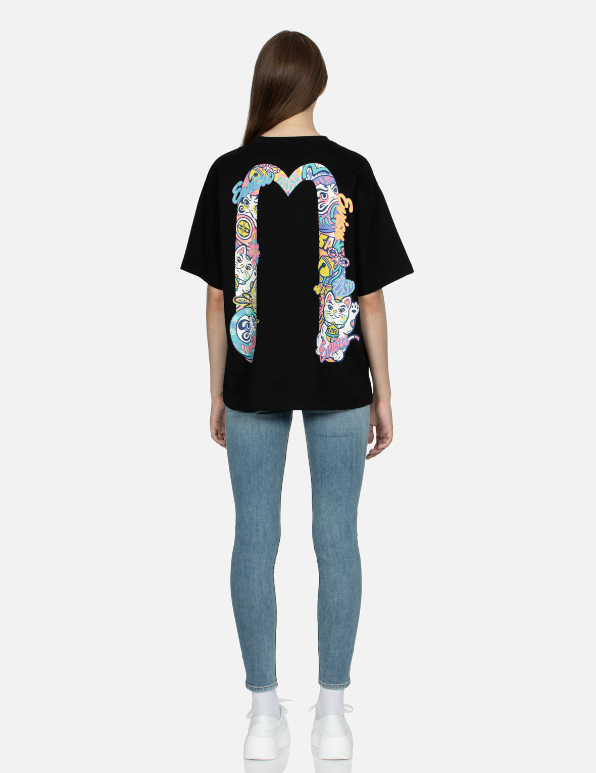 达磨与招财猫图案大M印花超宽版型T恤