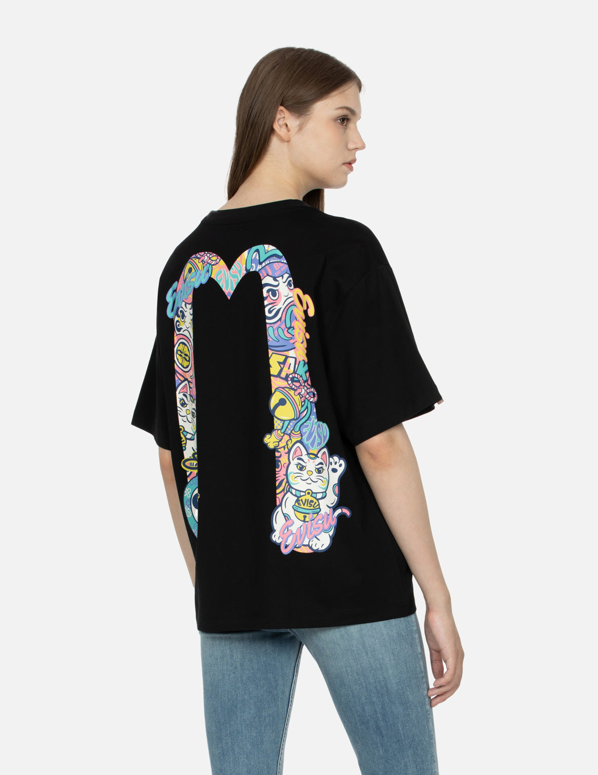 达磨与招财猫图案大M印花超宽版型T恤