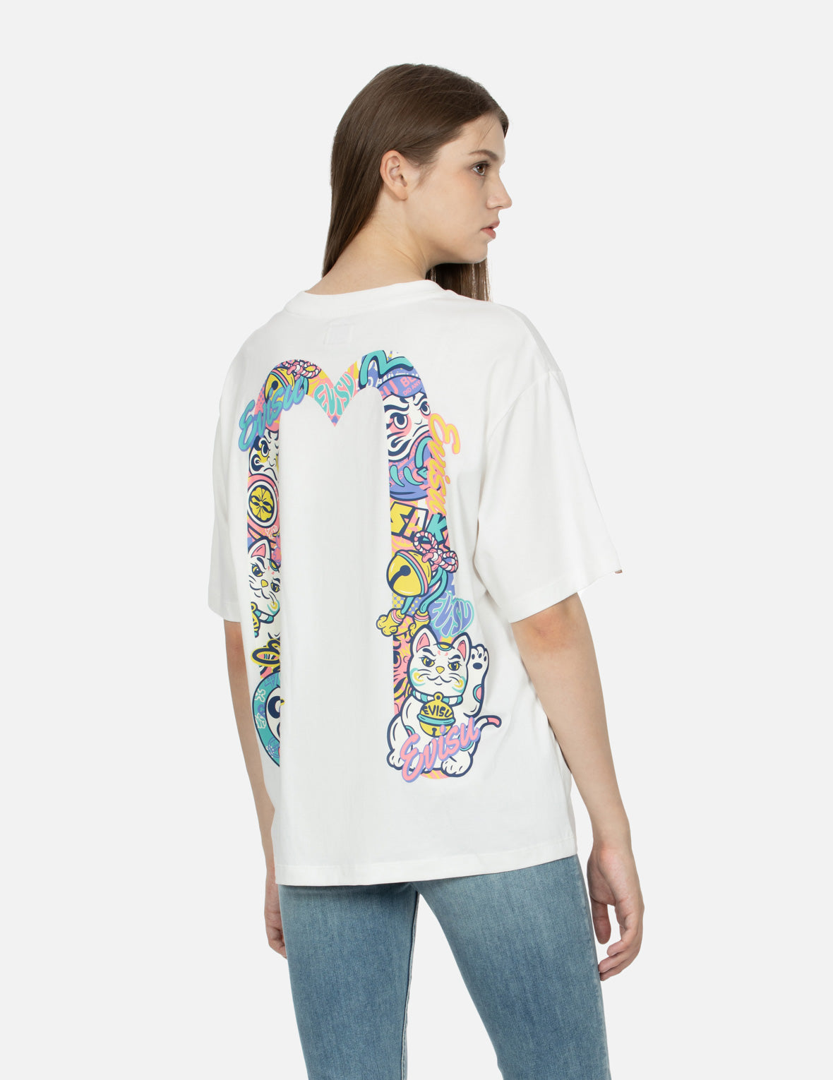 达磨与招财猫图案大M印花超宽版型T恤