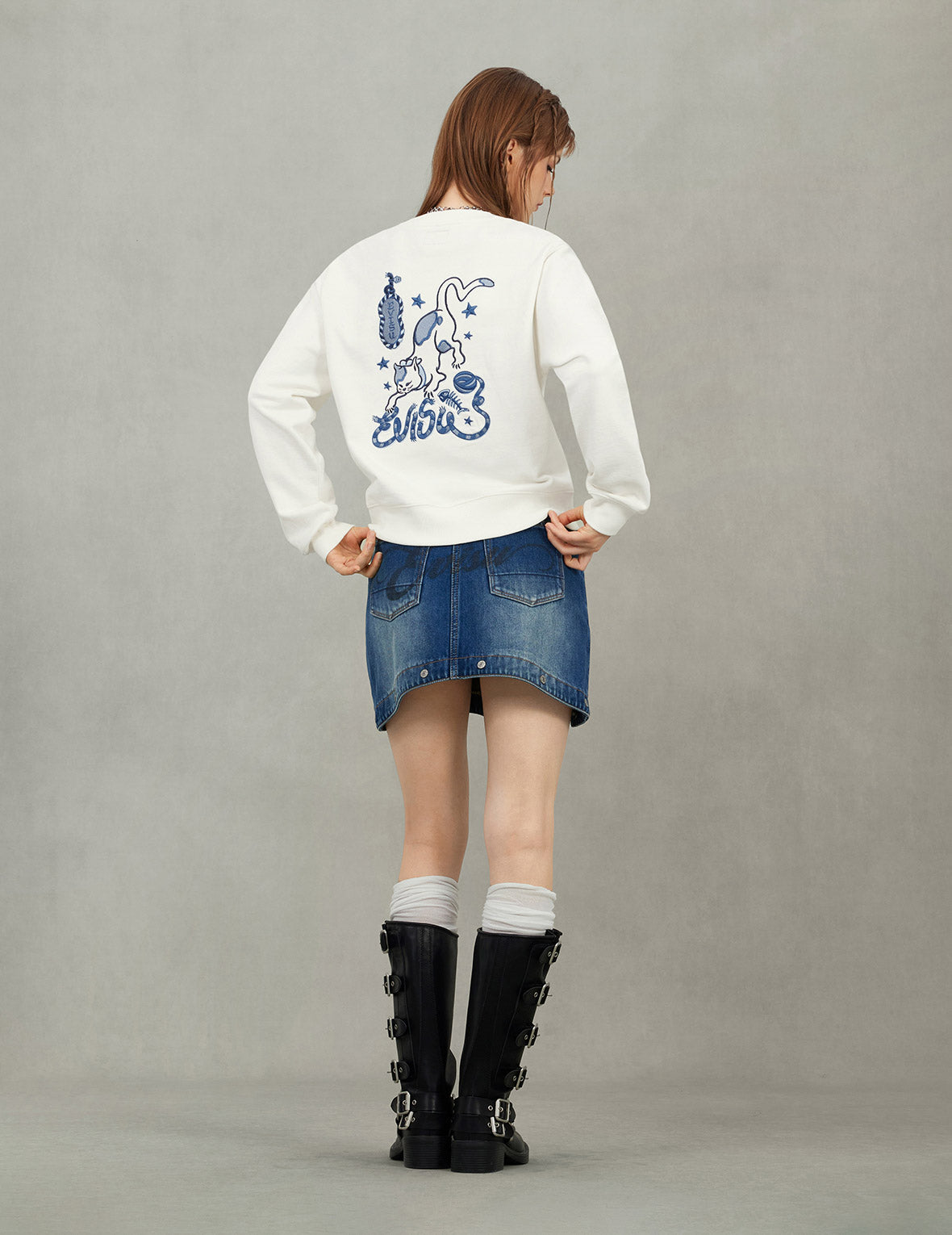 Cat and Logo Embroidery Regular Fit Sweatshirt