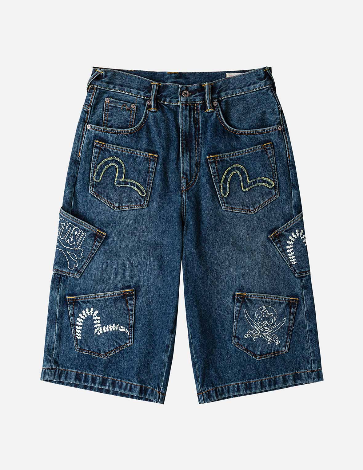 Skull Multi-Pocket Denim Shorts