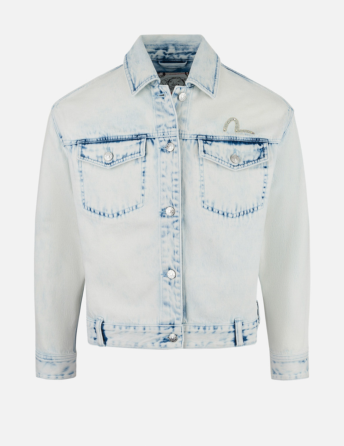 Bleach Washed Kamon Embroidery Fashion Fit Denim Jacket
