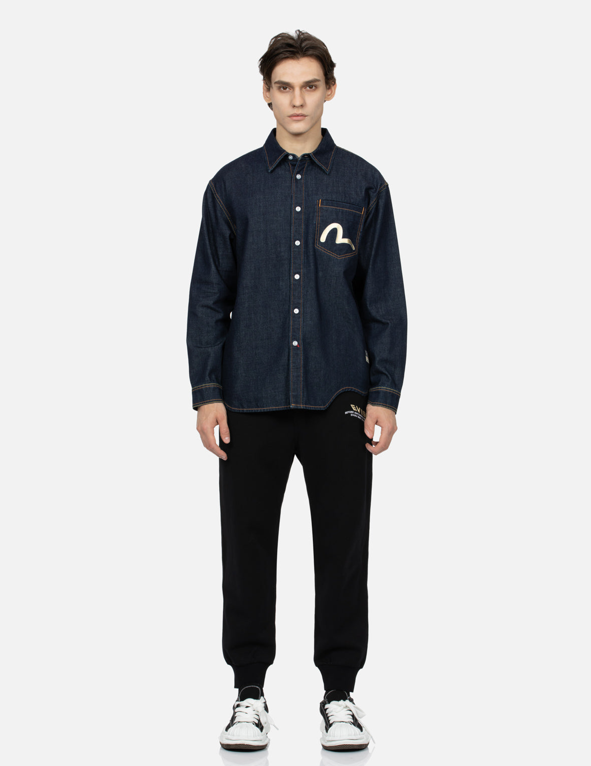 家花线迹及神奈川冲浪里大M印花休闲宽版牛仔衬衫