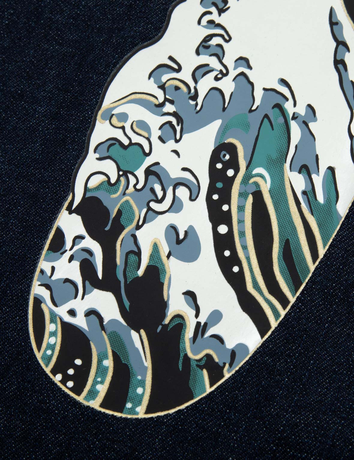 家花线迹及神奈川冲浪里大M印花休闲宽版牛仔衬衫