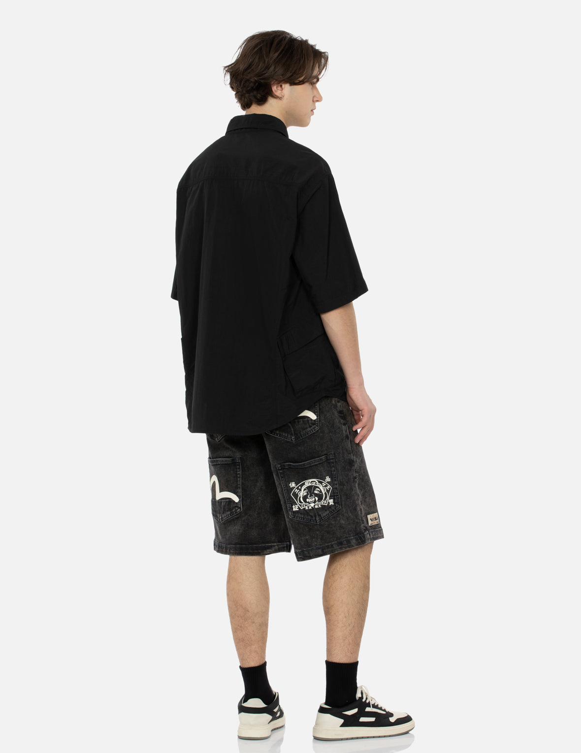 Seagull and Kamon Print Multi-Pocket Relax Fit Denim Shorts