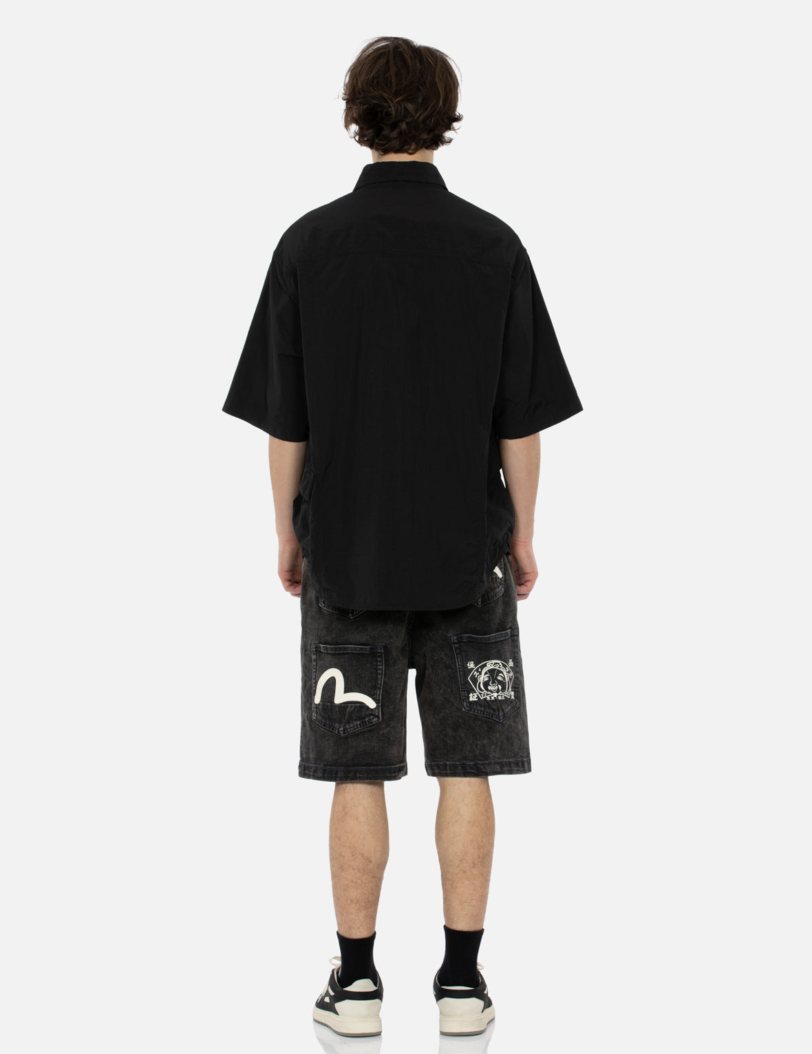 Seagull and Kamon Print Multi-Pocket Relax Fit Denim Shorts