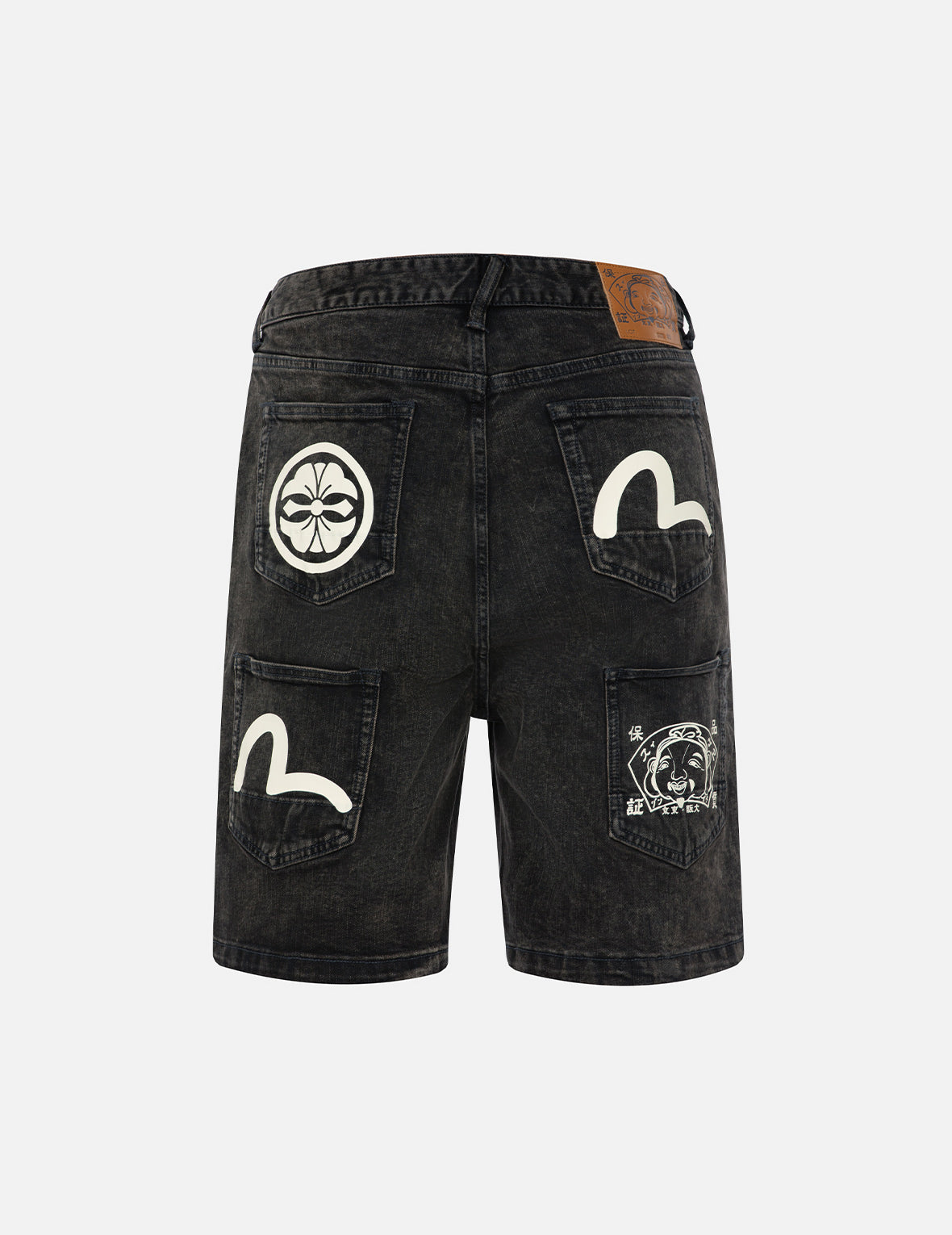 Seagull and Kamon Print Multi-Pocket Relax Fit Denim Shorts