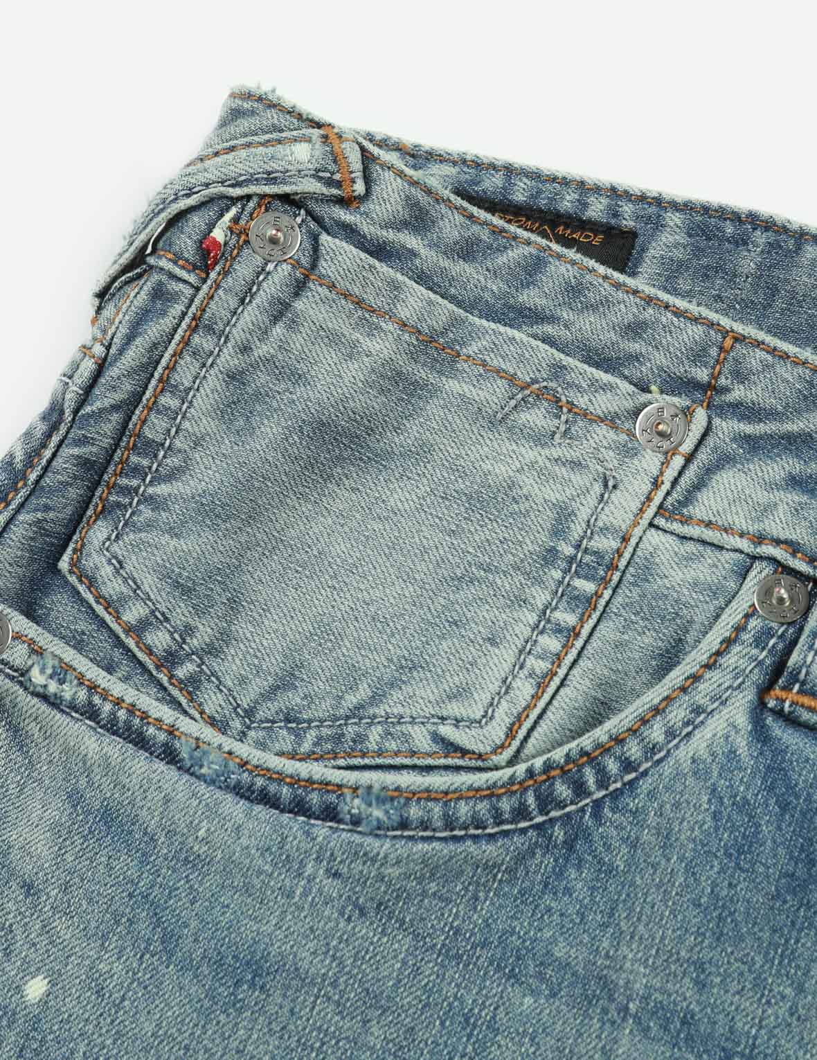 洗水多重破损印花和喷溅痕迹窄脚牛仔裤 #2017