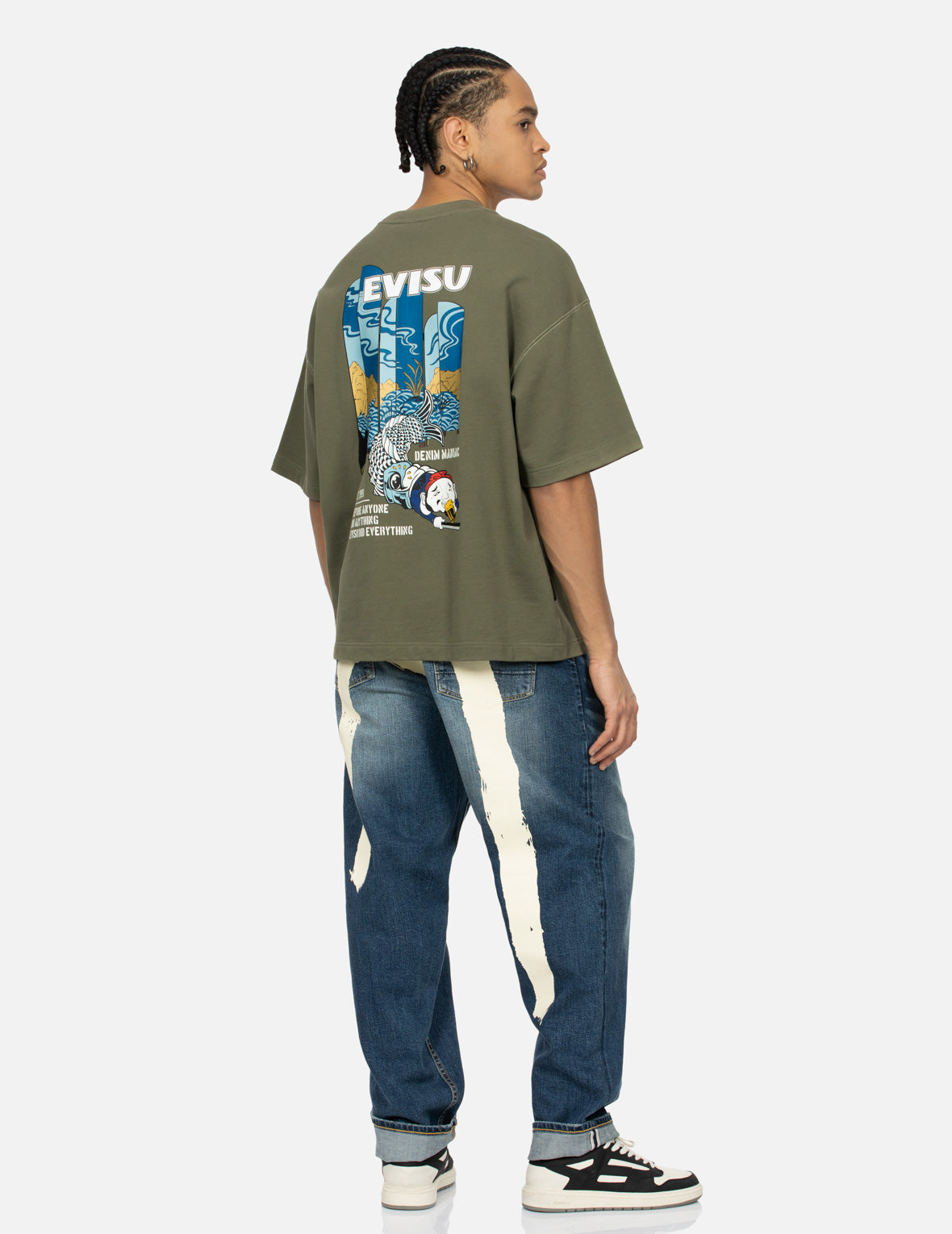 佛头和鲤鱼旗印花宽版短袖卫衣