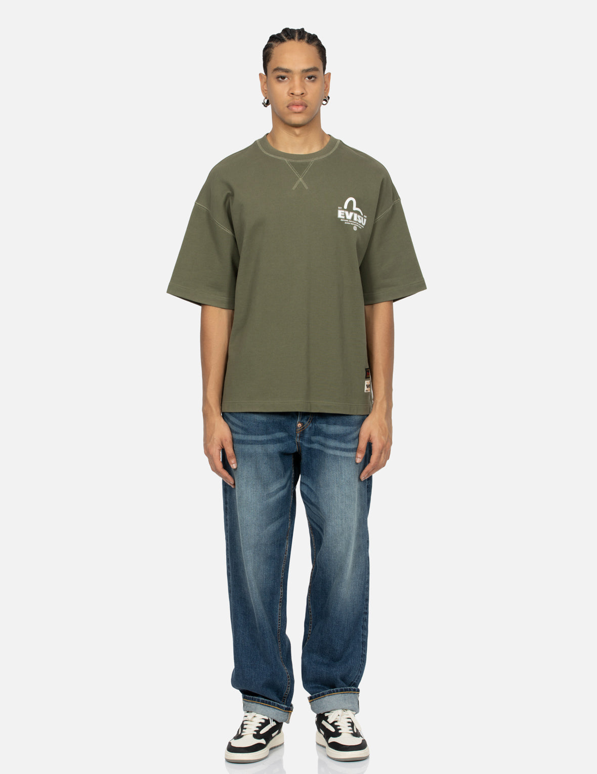 佛头和鲤鱼旗印花宽版短袖卫衣