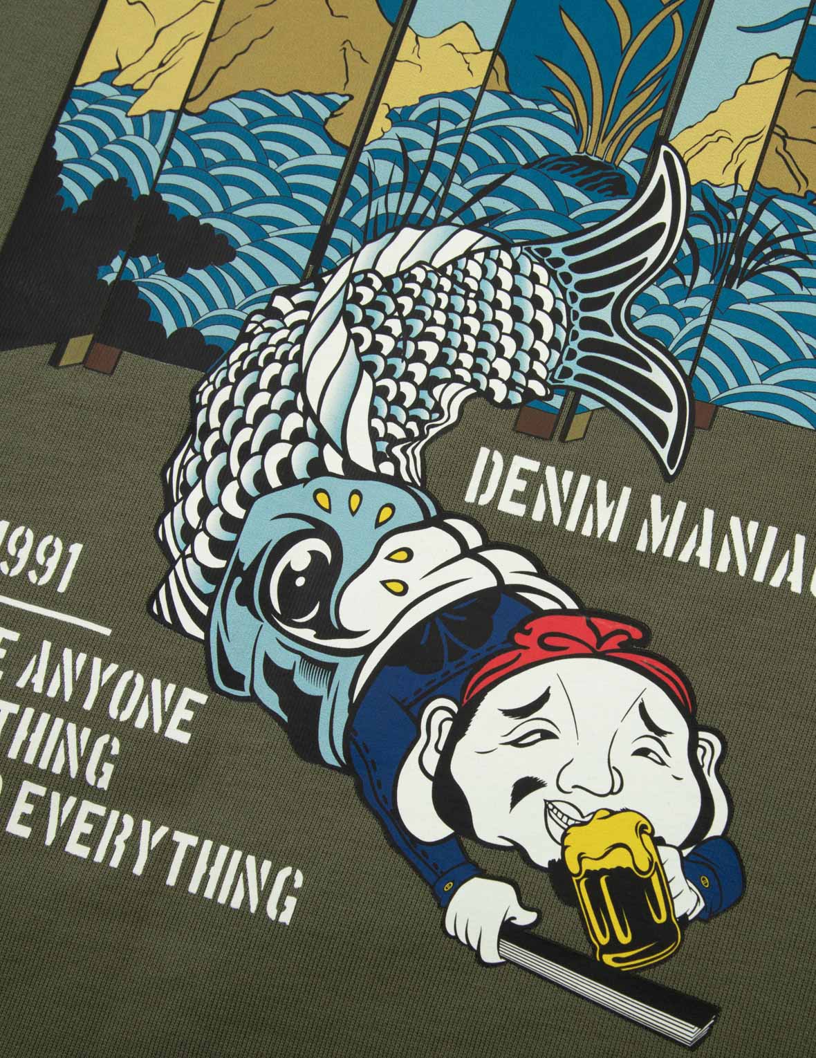 佛头和鲤鱼旗印花宽版短袖卫衣