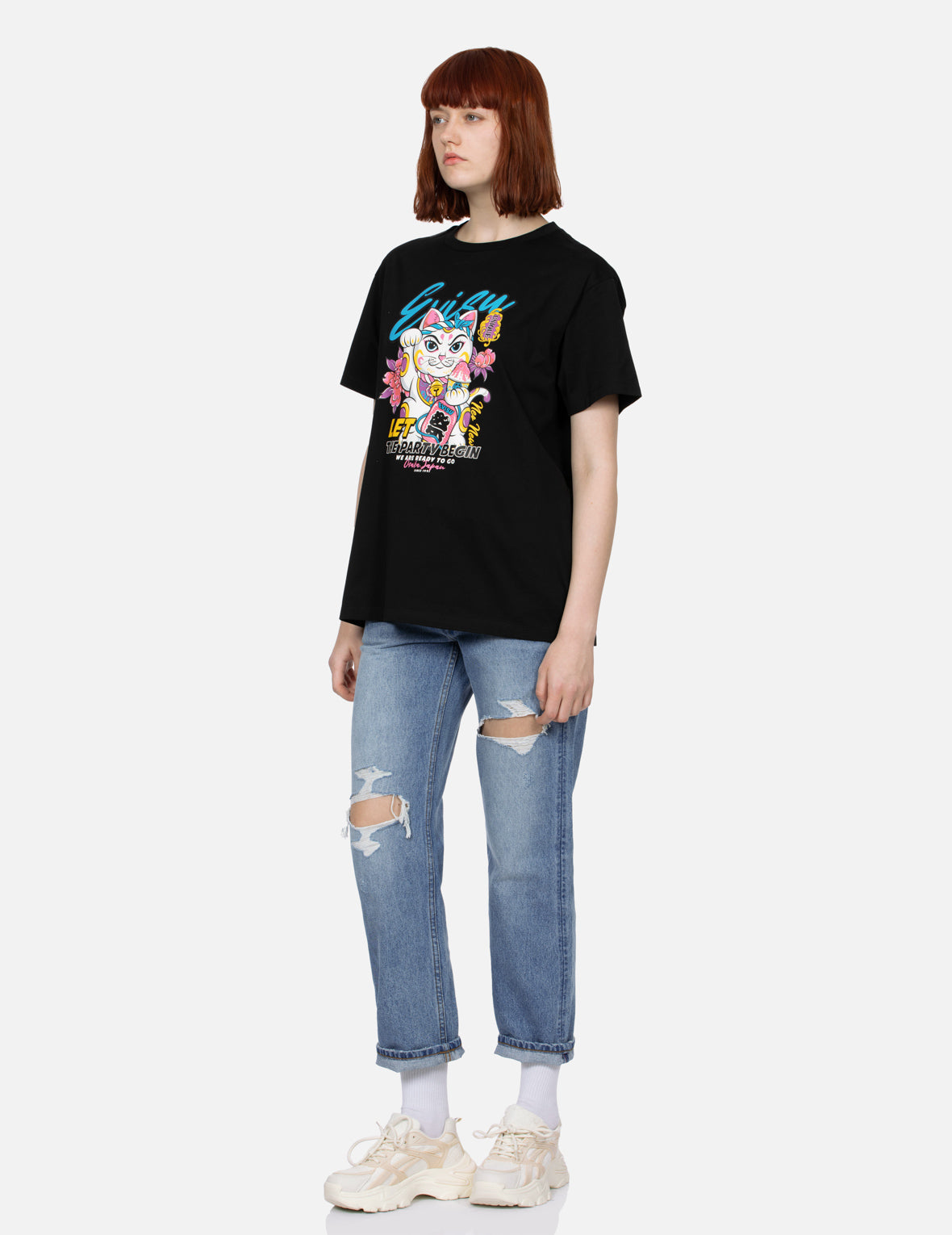 Fortune Cat and Floral Print Boyfriend T-shirt