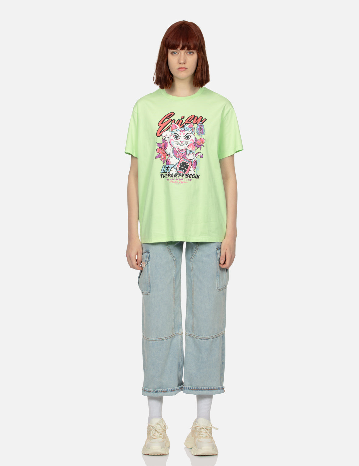 Fortune Cat and Floral Print Boyfriend T-shirt