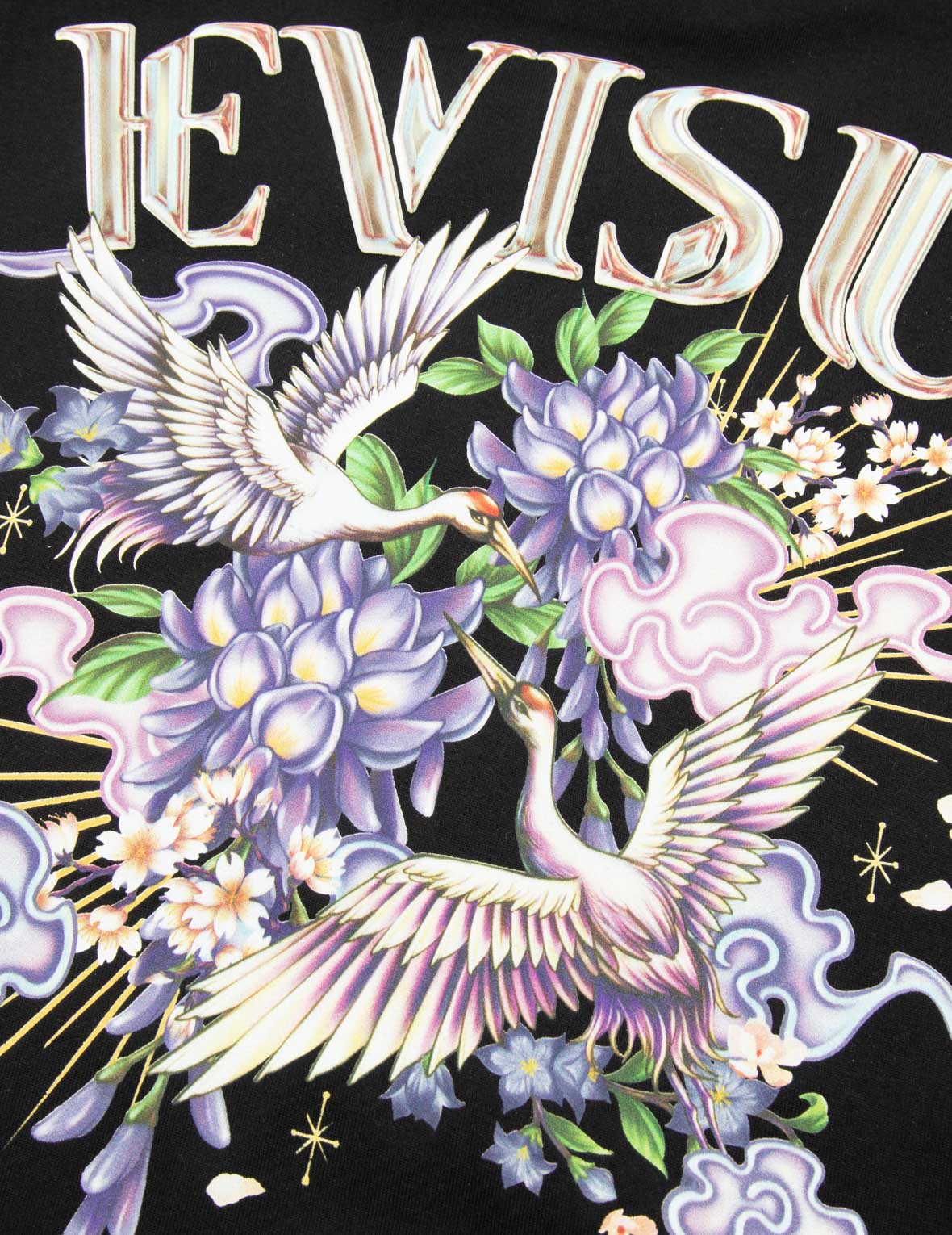 仙鹤和紫藤花印花常规版型T恤