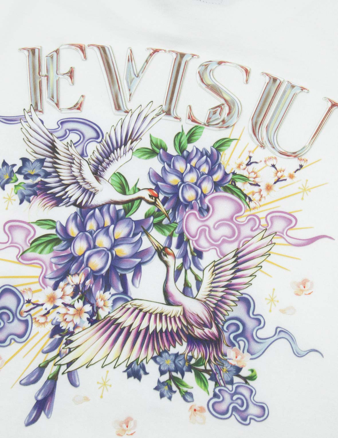 仙鹤和紫藤花印花常规版型T恤