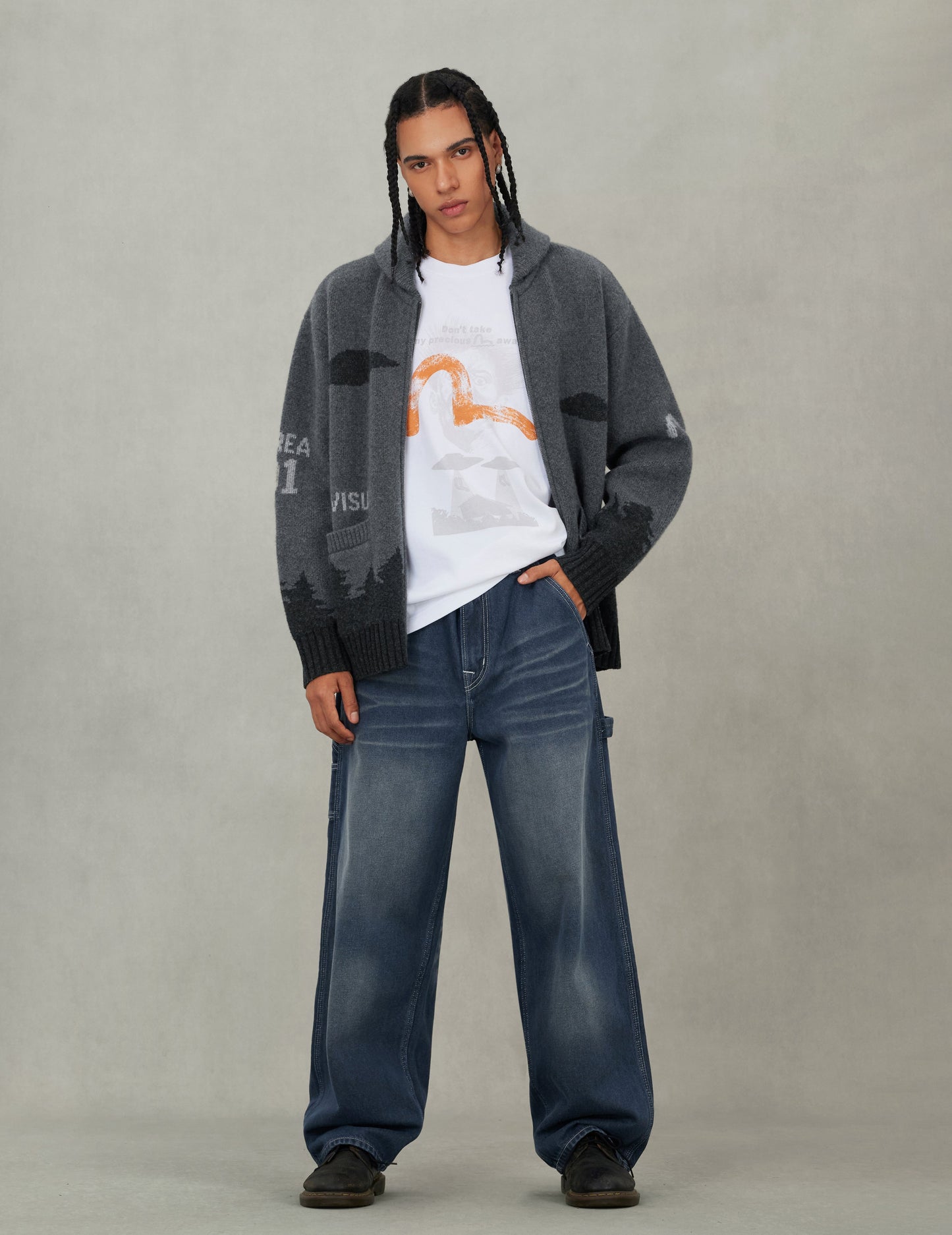 UFO and Cowichan Intarsia Patterns Relax Fit Knitted Sweatshirt