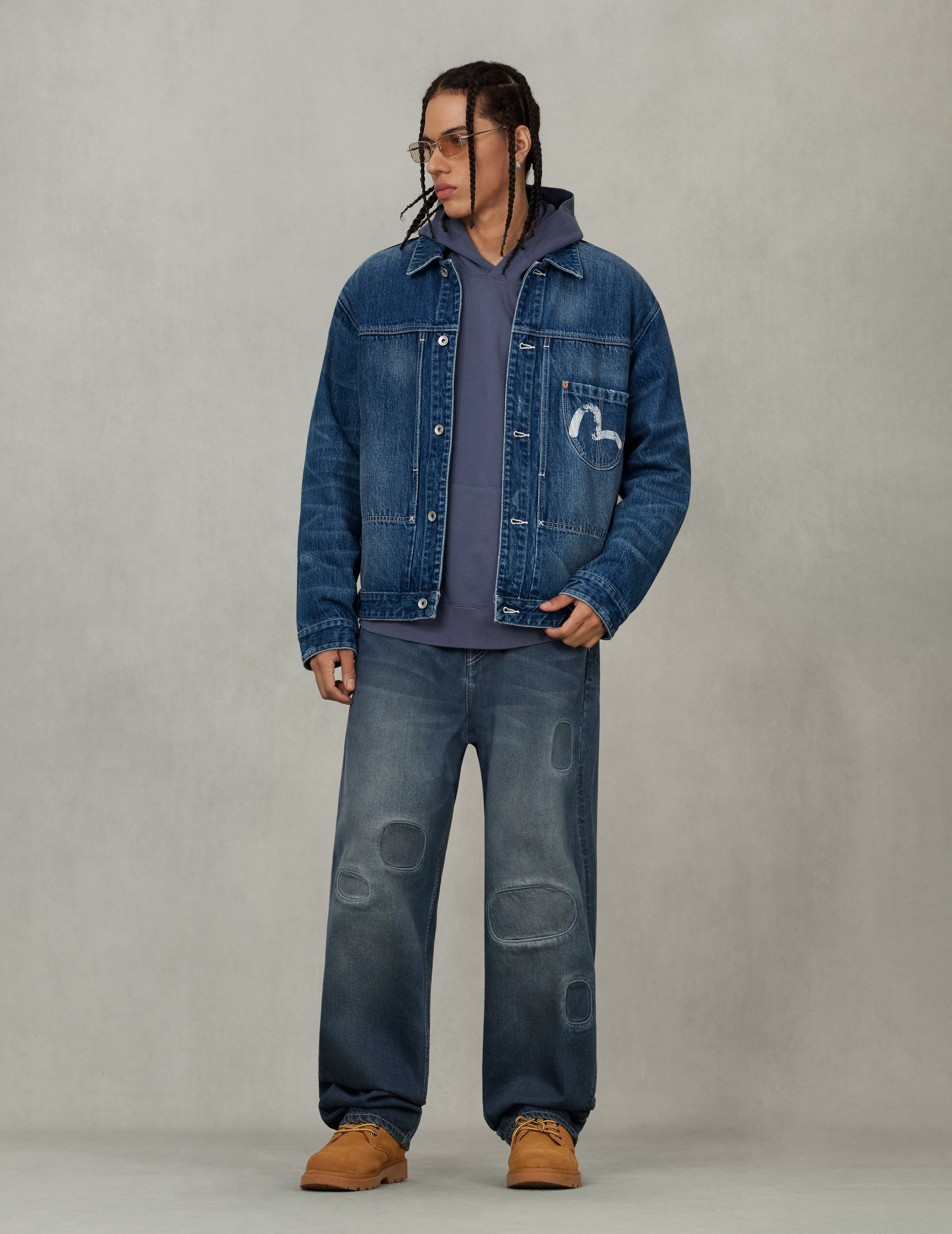 Distressed Seagull Print Relax Fit Vintage Washed Denim Jacket