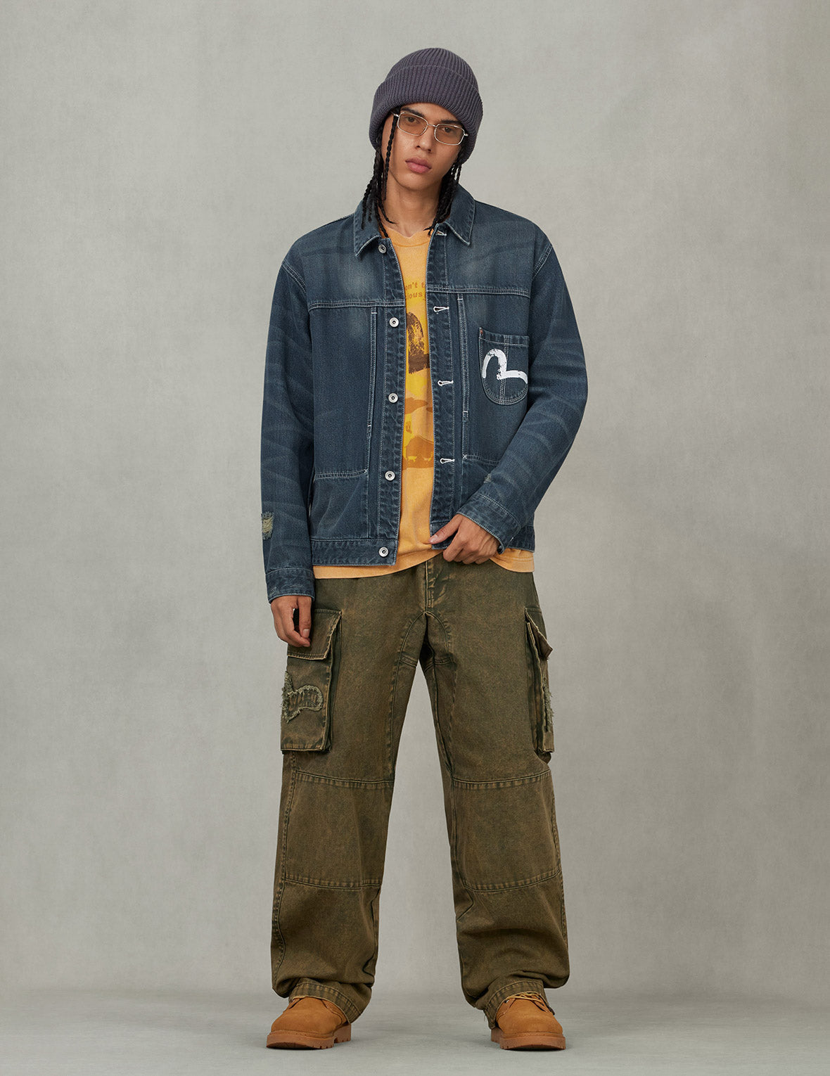 Distressed Seagull Print Relax Fit Washed Seagull Pocket Denim Jacket