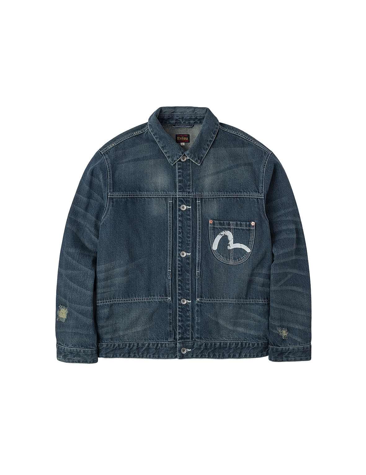 Distressed Seagull Print Relax Fit Washed Seagull Pocket Denim Jacket