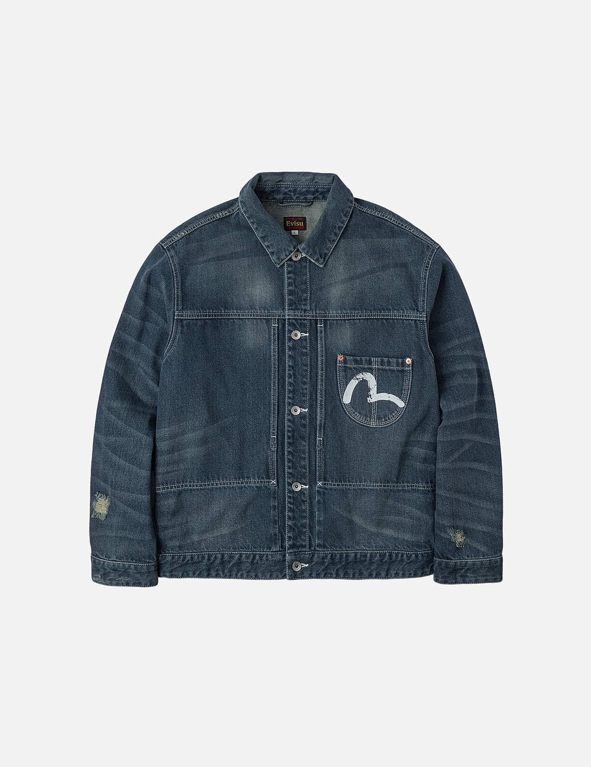 Distressed Seagull Print Relax Fit Washed Seagull Pocket Denim Jacket