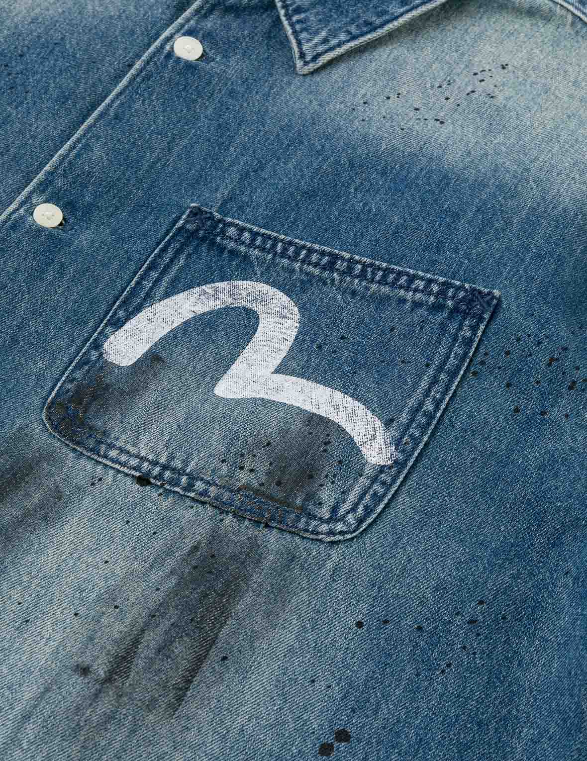 Splash Ink Seagull Print Regular Fit Denim Shirt