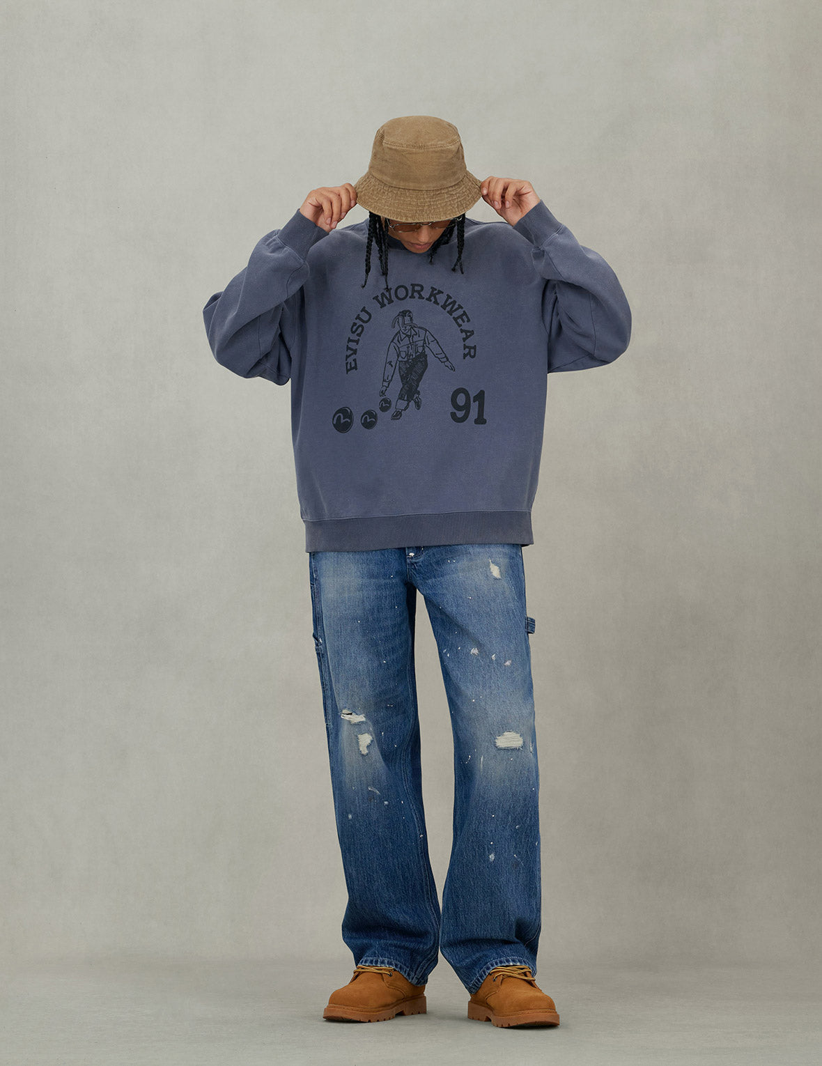 Washed and Distressed Daicock Print Relax Fit Jeans