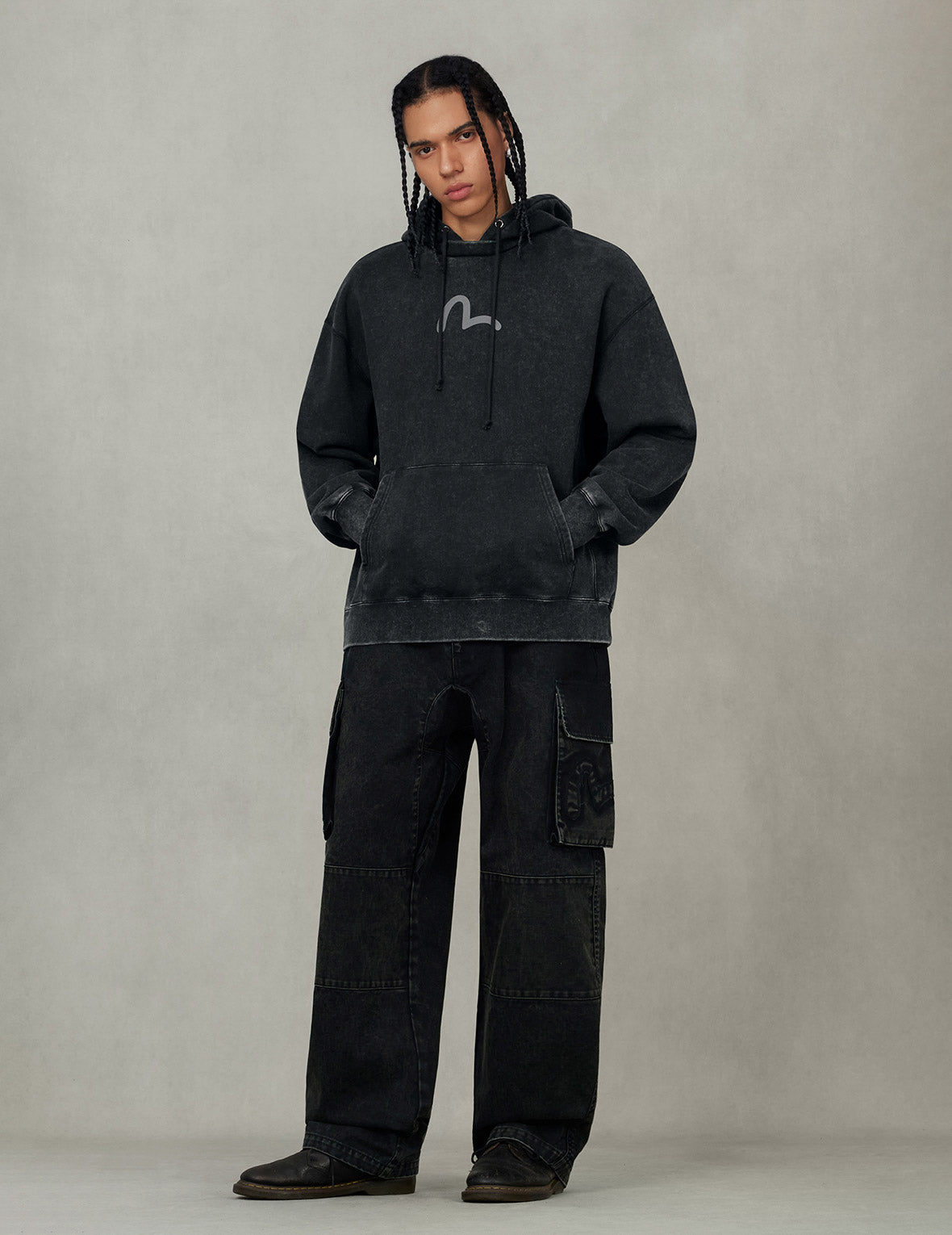 Washed Seagull and Logo Print Relax Fit Hoodie