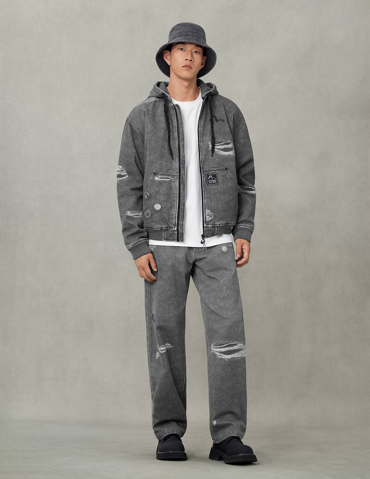 Distressed Print with Logo Embroidery Loose Fit Padded Boomer Jacket