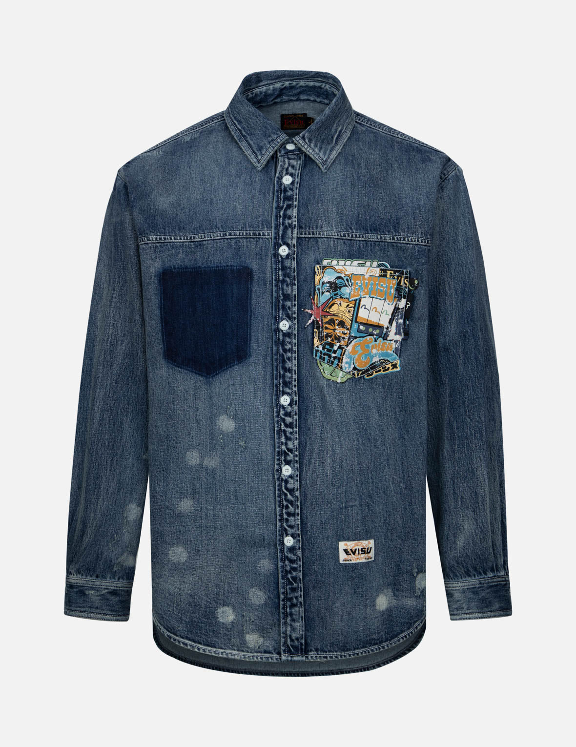 Lucky Slot Machine and Daruma Print Relax Fit Denim Shirt