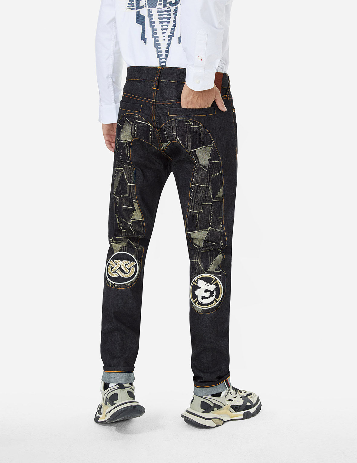 Patchwork Daicock Insert and Wheel Of Wisdom Embroidery Taper Fit Jeans #2017