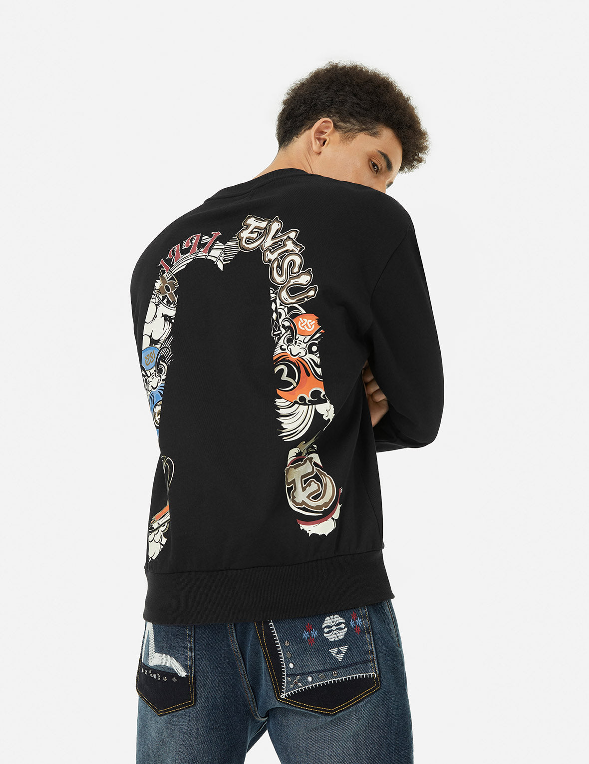 Logo and Ninja Daruma Daicock Print Relax Fit Sweatshirt