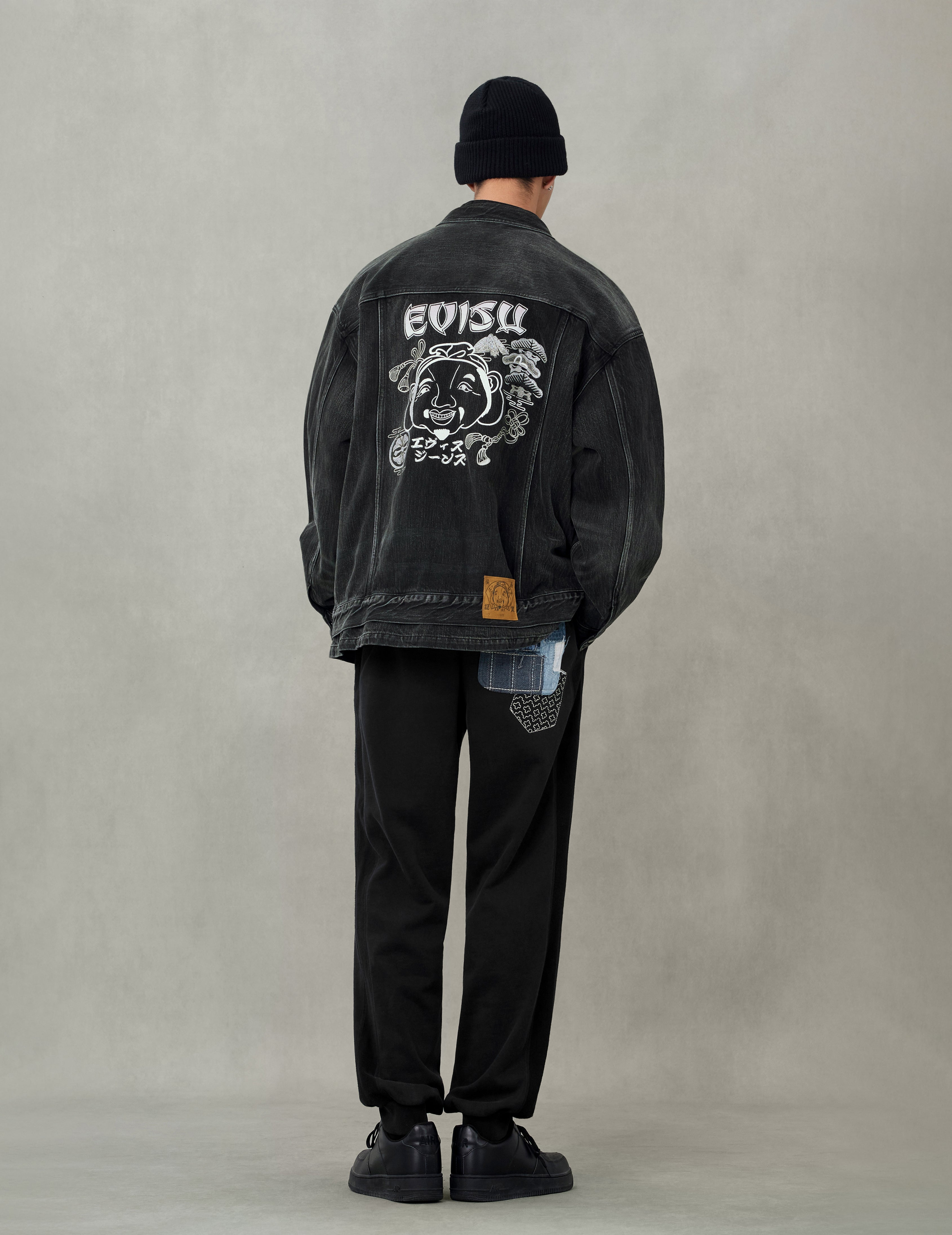 Washed Godhead and Logo Embroidery Oversized Chinese Style Denim