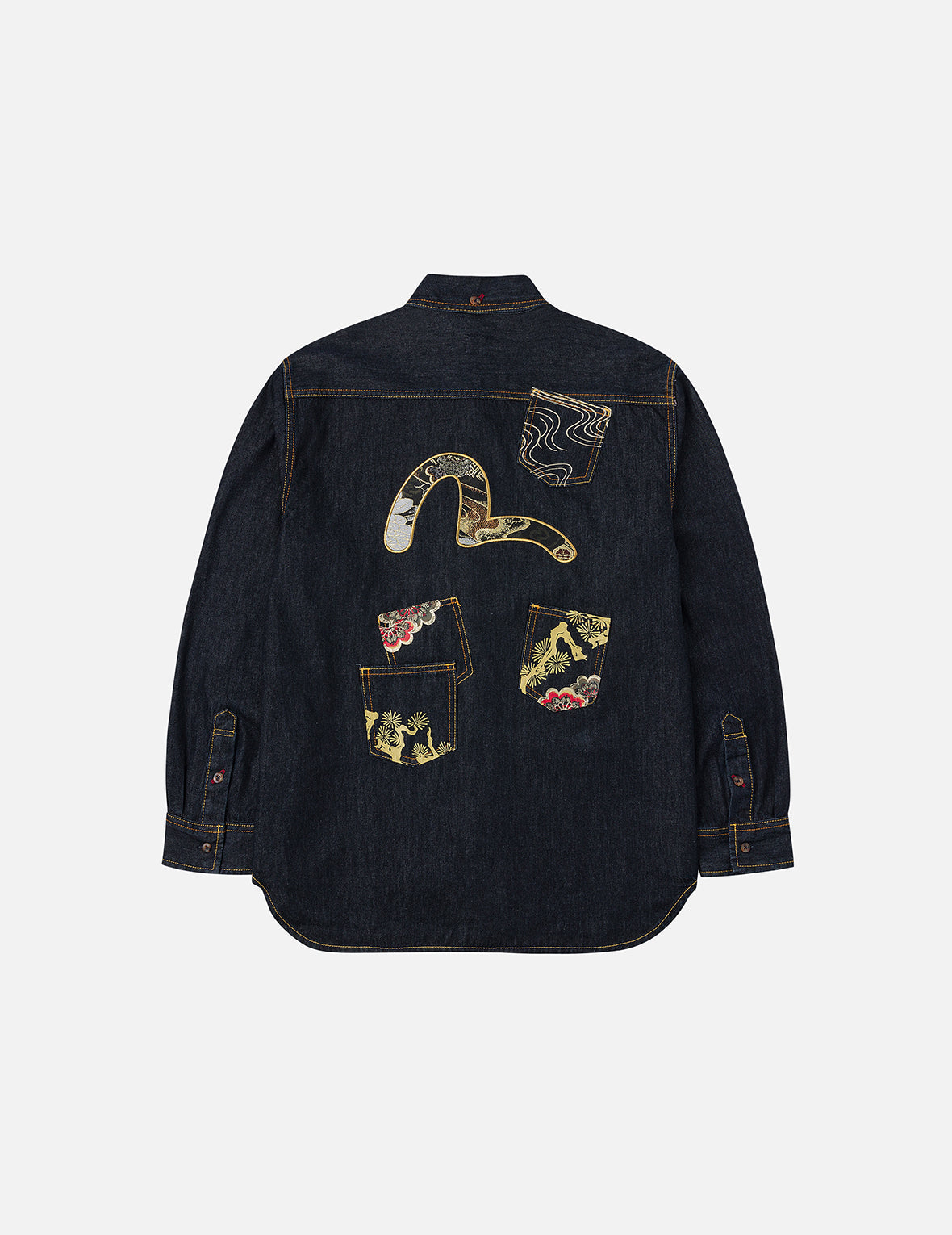 多口袋和织锦海鸥刺绣常规版型牛仔衬衣