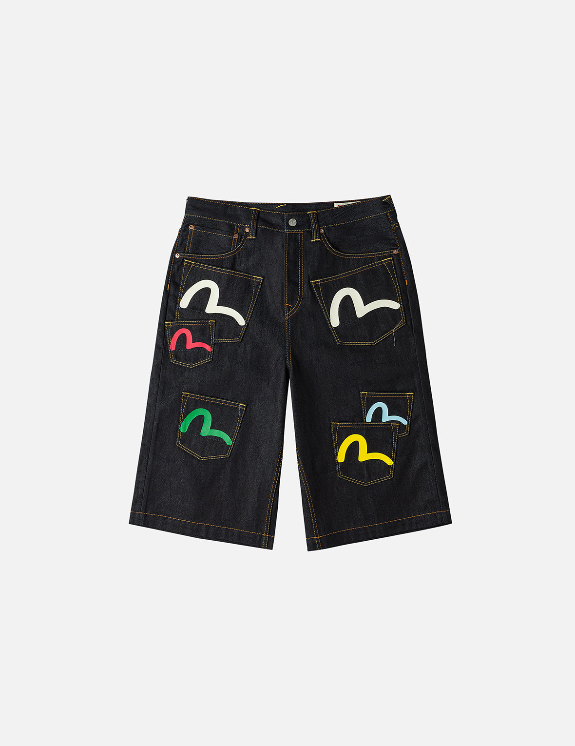 海鸥印花和多口袋时尚版型牛仔短裤