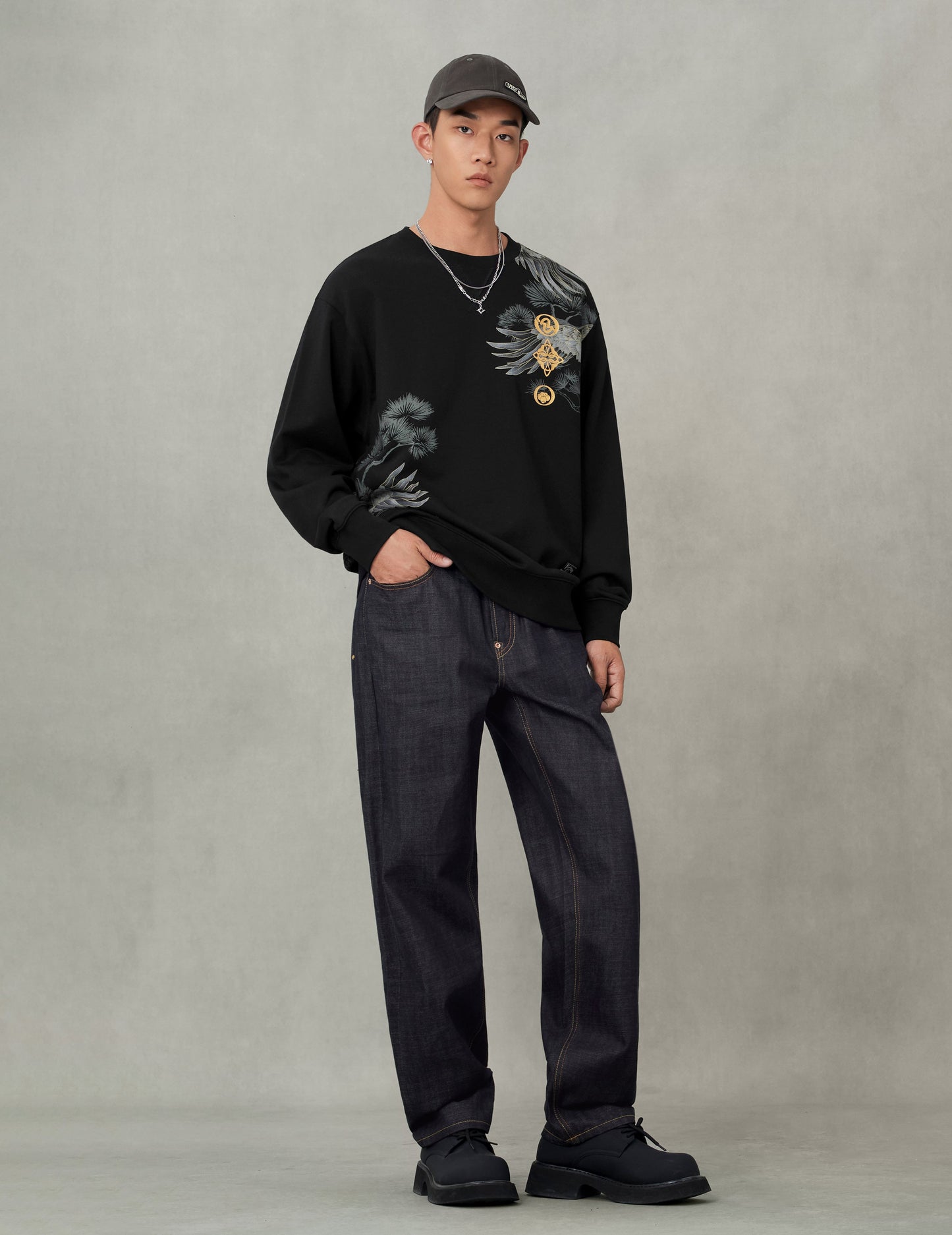 Handbrush Daicock Print with Wave Embroidery  Relax Fit Jeans
