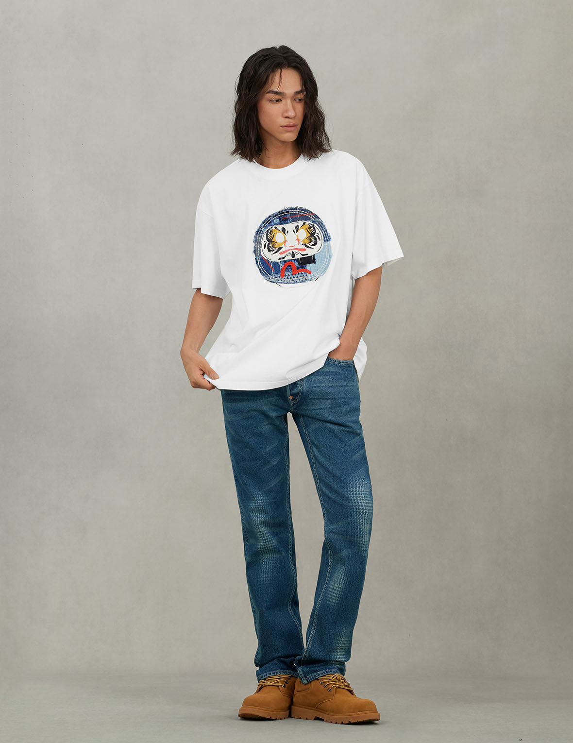 手刷千鸟格大M印花水洗修身牛仔裤#2010 – EVISU