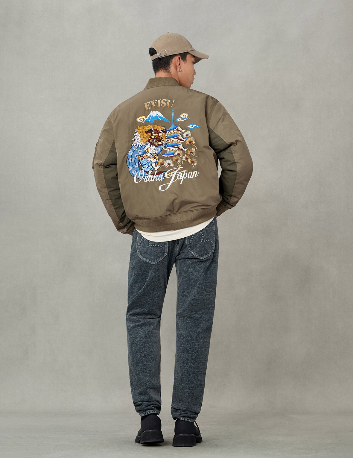 Logo and Godhead Lion Dance Embroidery Relax Fit Bomber Jacket
