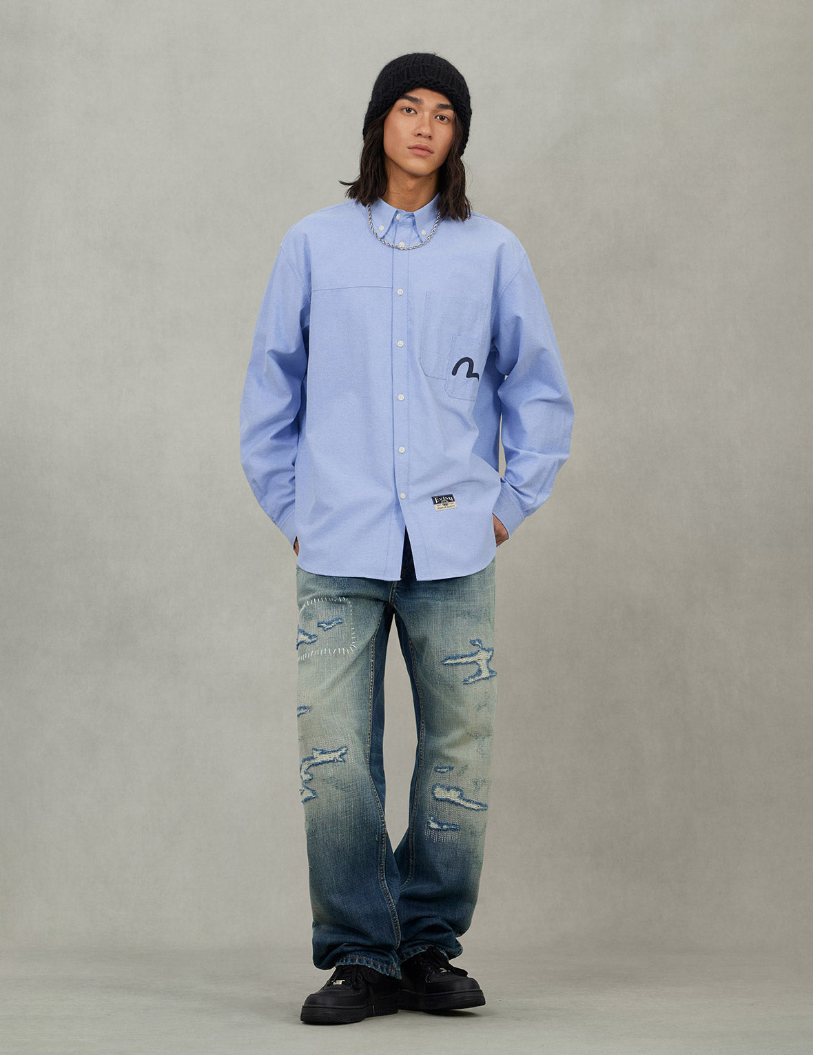 Logo Sashiko and Seagull Print Relax Fit Long-sleeve Shirt