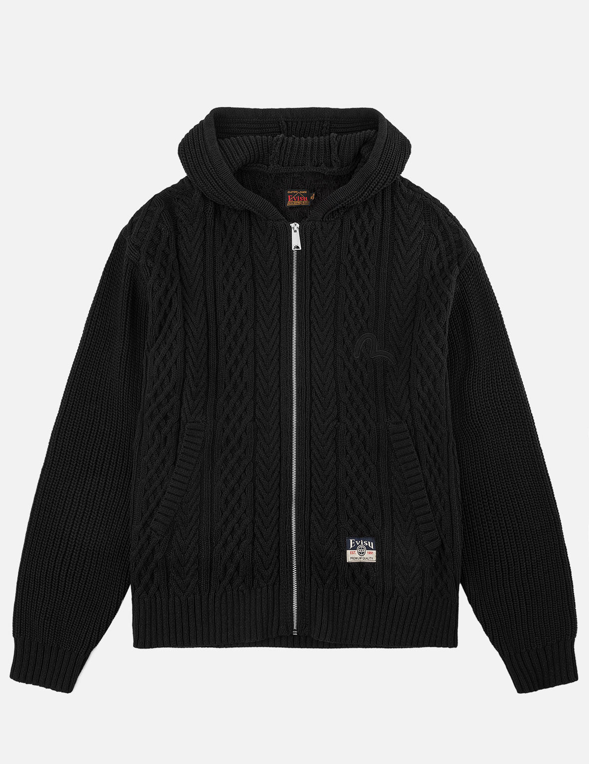 Evisu Logo Cable Knit Zip Hoodie Cardigan