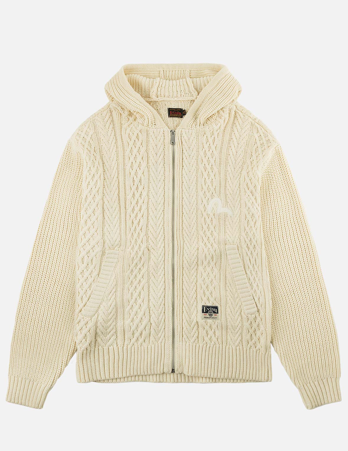 Evisu Logo Cable Knit Zip Hoodie Cardigan