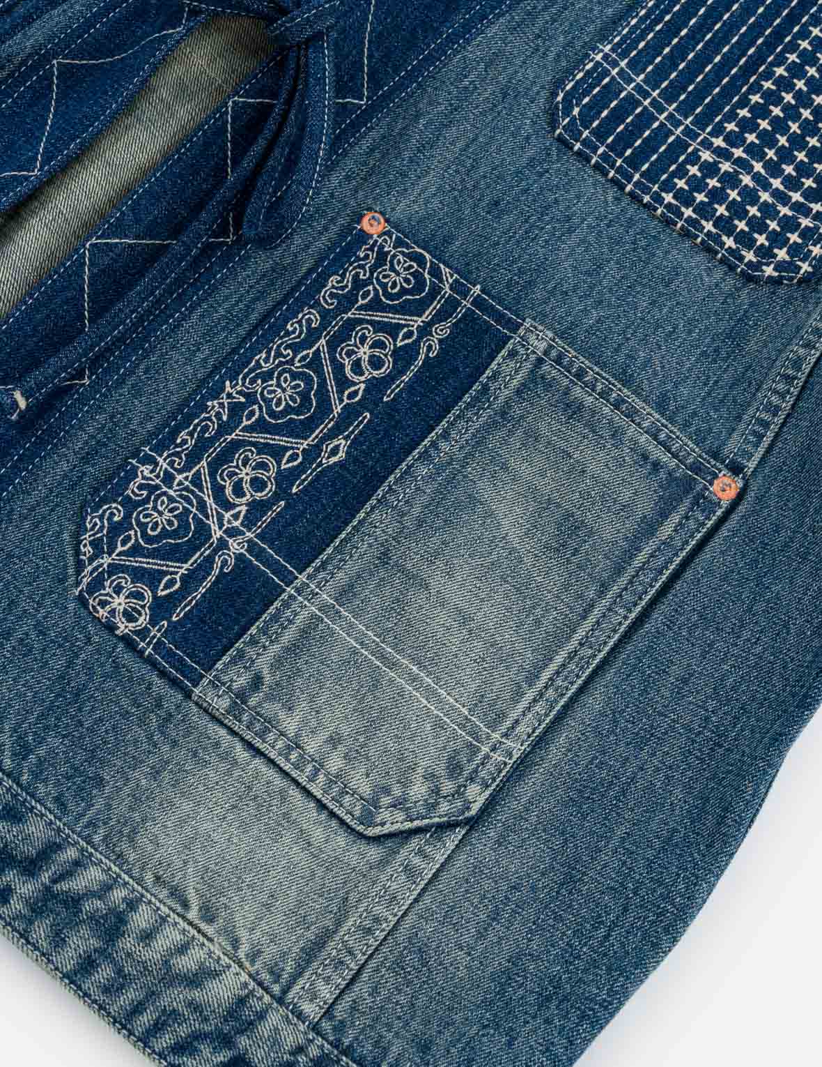 褴褛刺绣丹宁和服外套