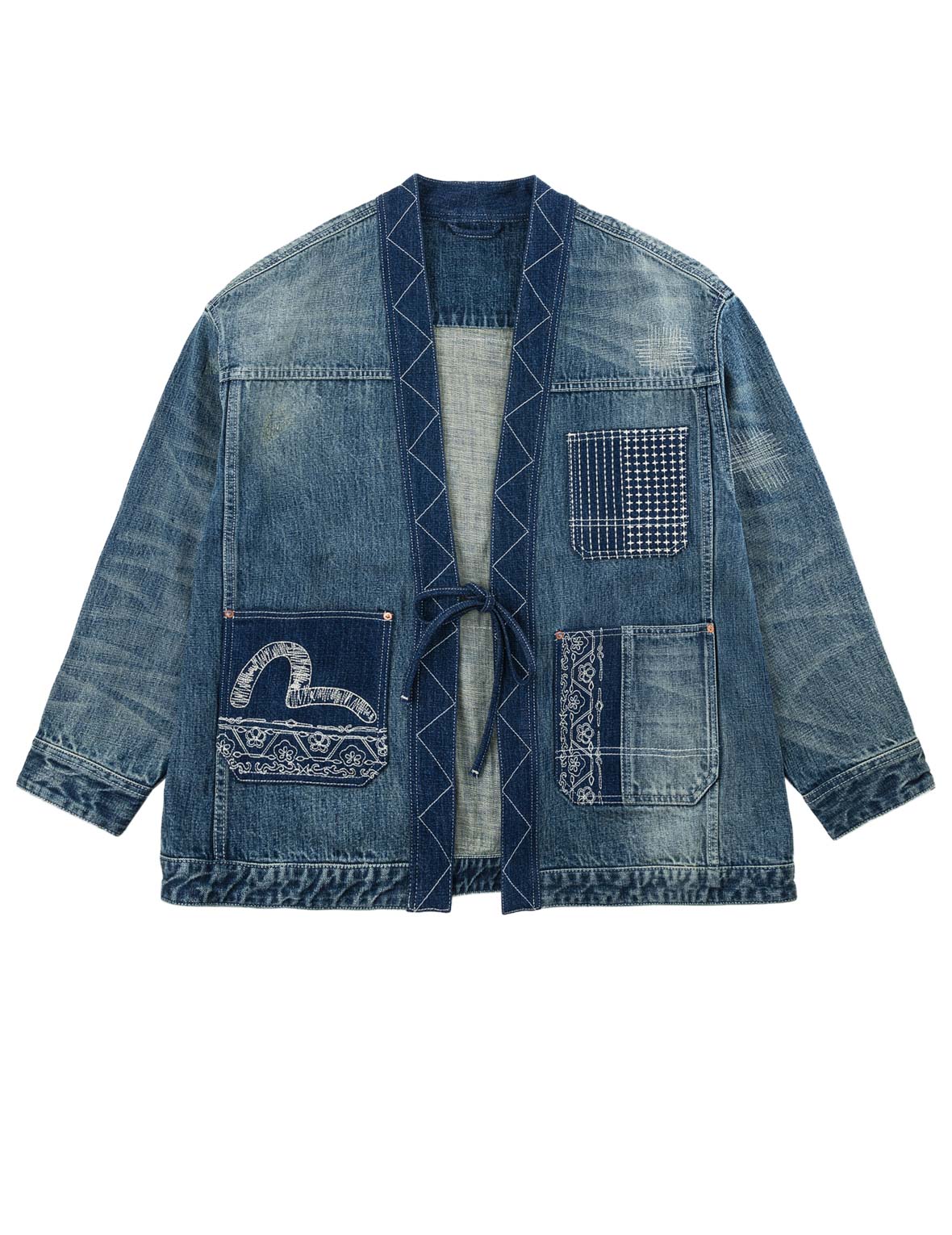 褴褛刺绣丹宁和服外套