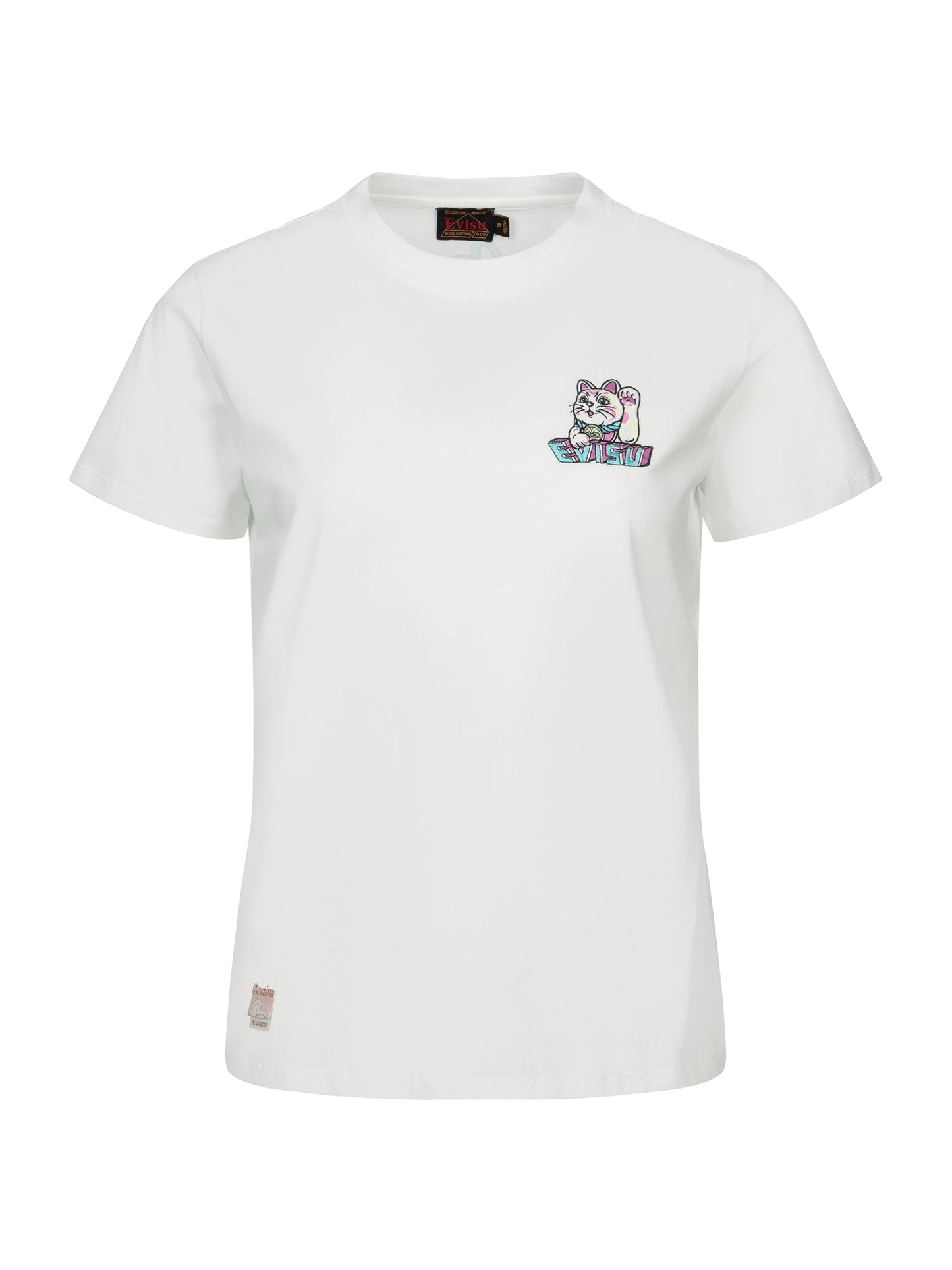 Fortune Cat Embroidery and 3D Seagull Print Regular Fit T-shirt